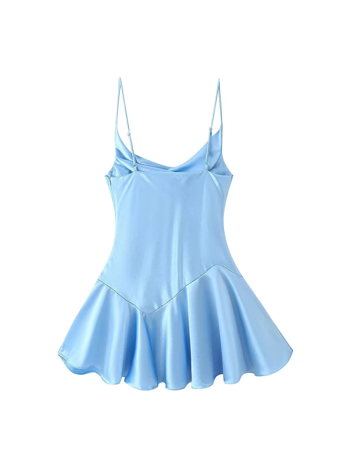 Mini abito in raso azzurro con scollo a cascata - Elegante abito sottoveste