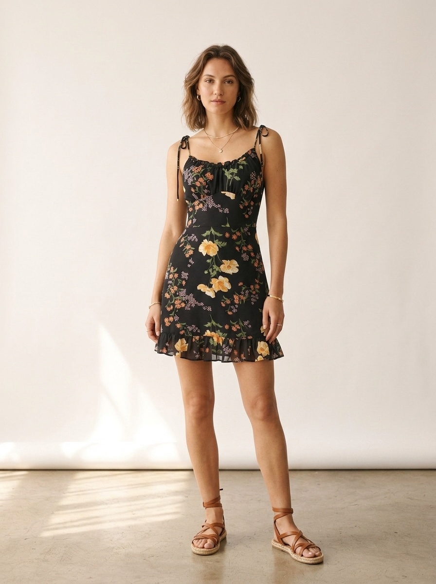 Floral Print Ruffle Hem Cami Mini Dress - Tie Shoulder Sundress