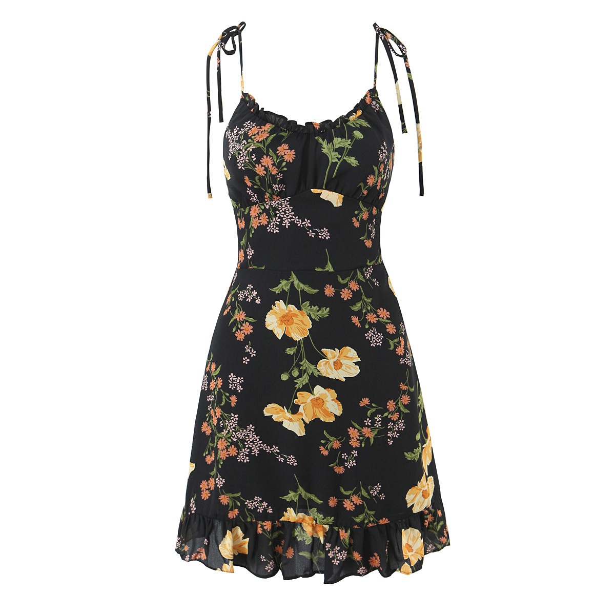 Floral Print Ruffle Hem Cami Mini Dress - Tie Shoulder Sundress