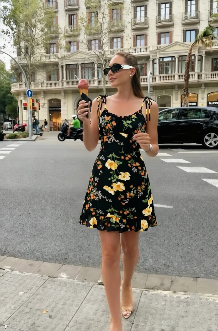 Floral Print Ruffle Hem Cami Mini Dress - Tie Shoulder Sundress