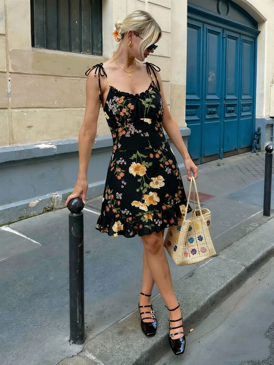 Floral Print Ruffle Hem Cami Mini Dress - Tie Shoulder Sundress
