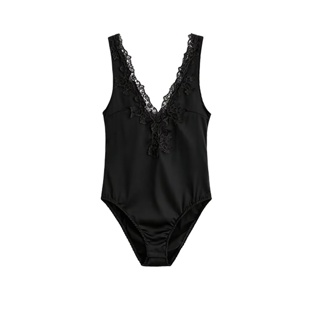 Elegante body in raso e pizzo con scollo a V - Top intimo e da indossare a strati