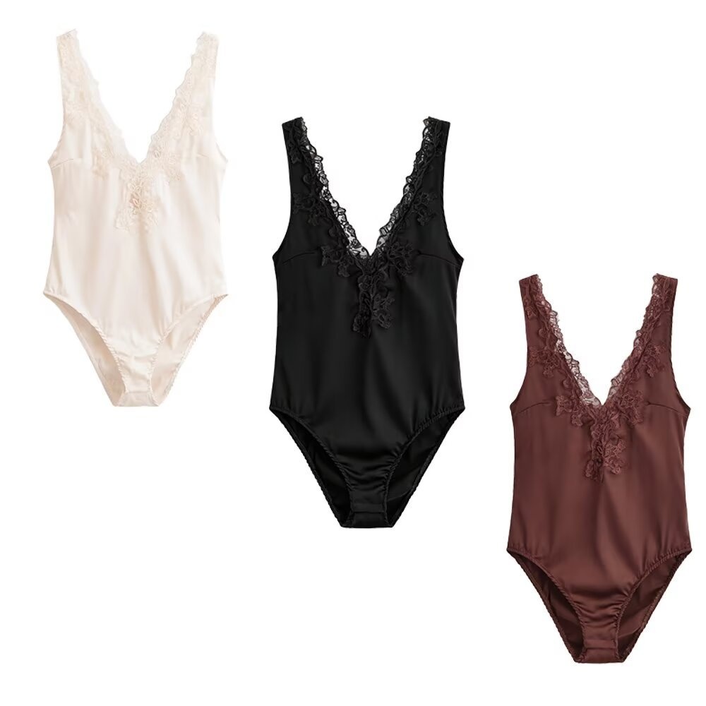 Elegante body in raso e pizzo con scollo a V - Top intimo e da indossare a strati