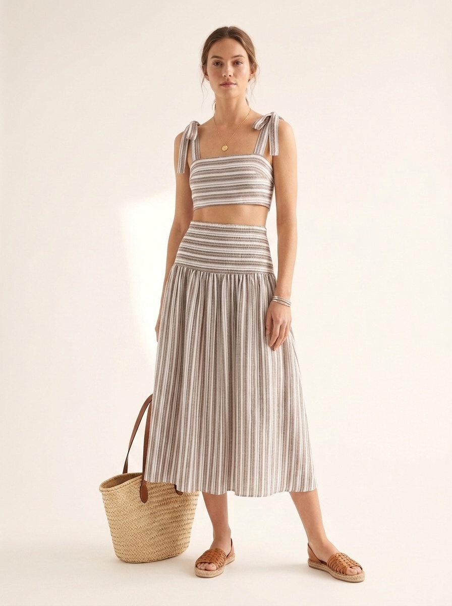 Completo composto da crop top a righe con laccetti sulle spalle e gonna midi - Chic estivo