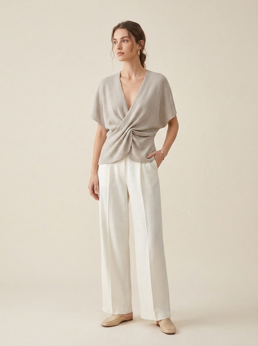 Elegante top in maglia beige con scollo a V e dettaglio intrecciato sul davanti, per donna.