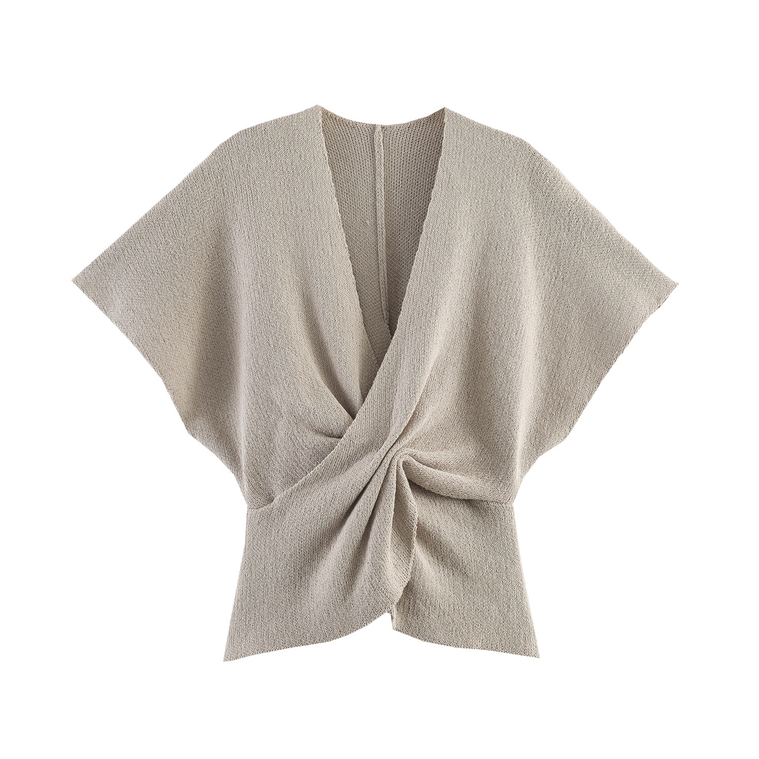 Elegante top in maglia beige con scollo a V e dettaglio intrecciato sul davanti, per donna.