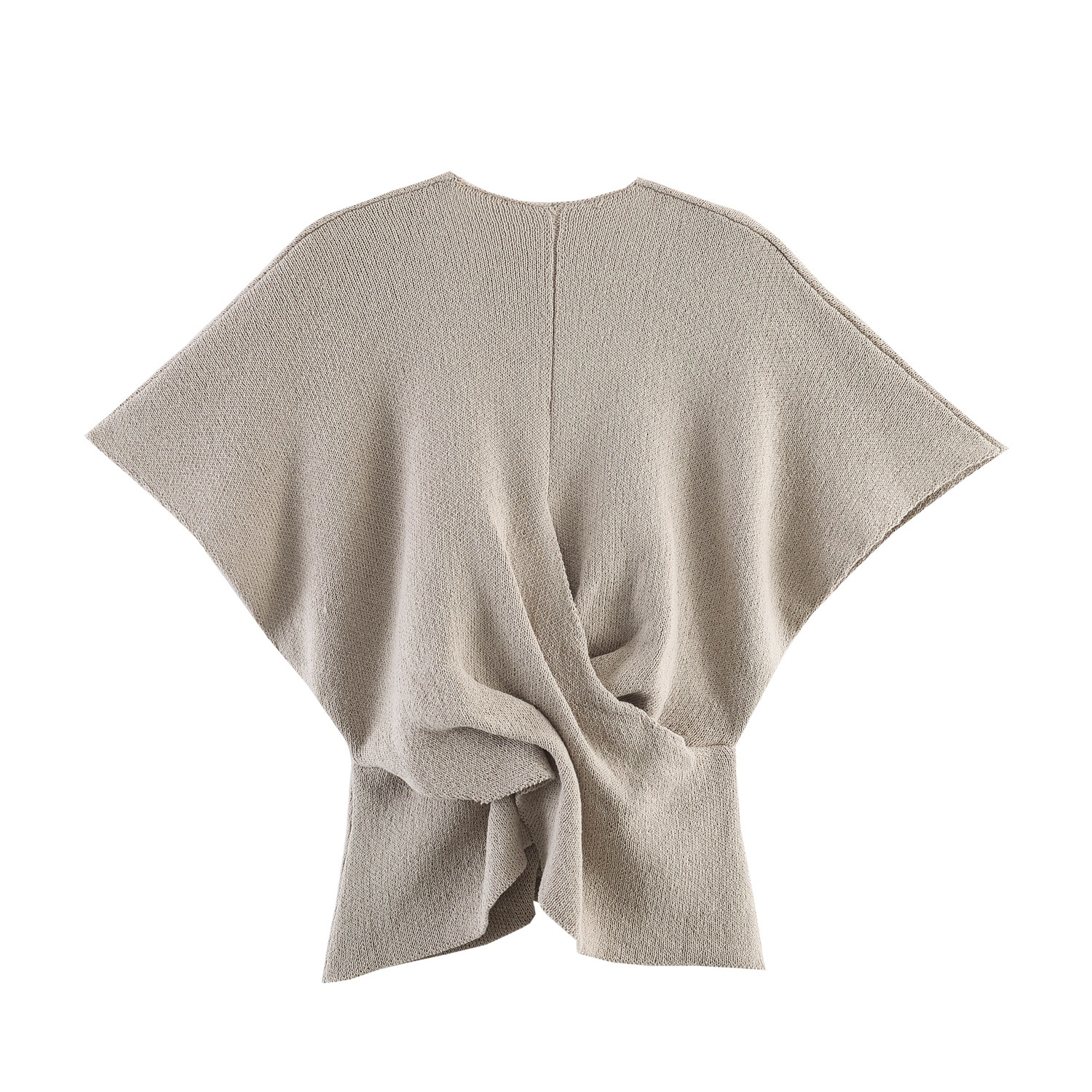 Elegante top in maglia beige con scollo a V e dettaglio intrecciato sul davanti, per donna.