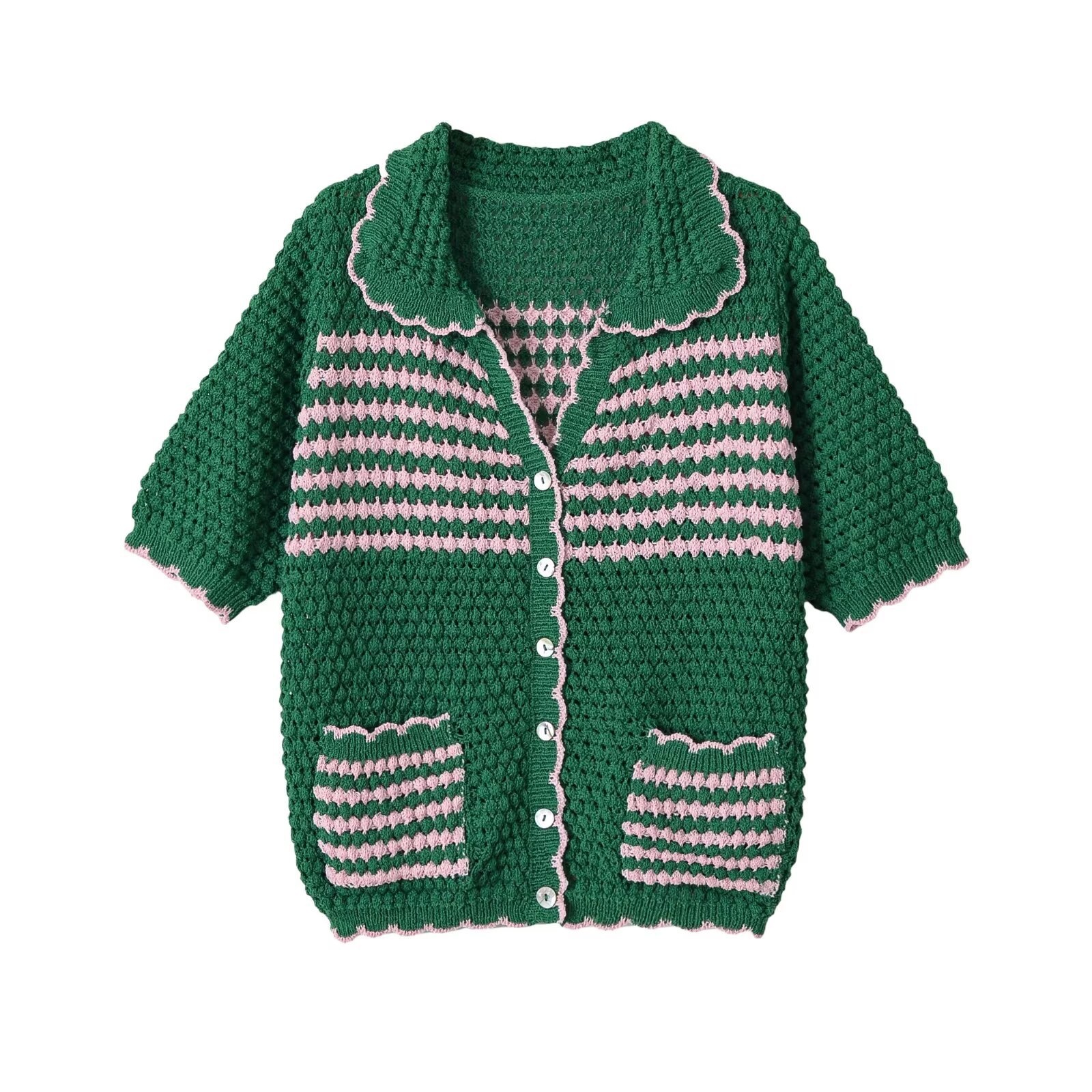 Cardigan da donna a righe verdi e rosa lavorato a maglia
