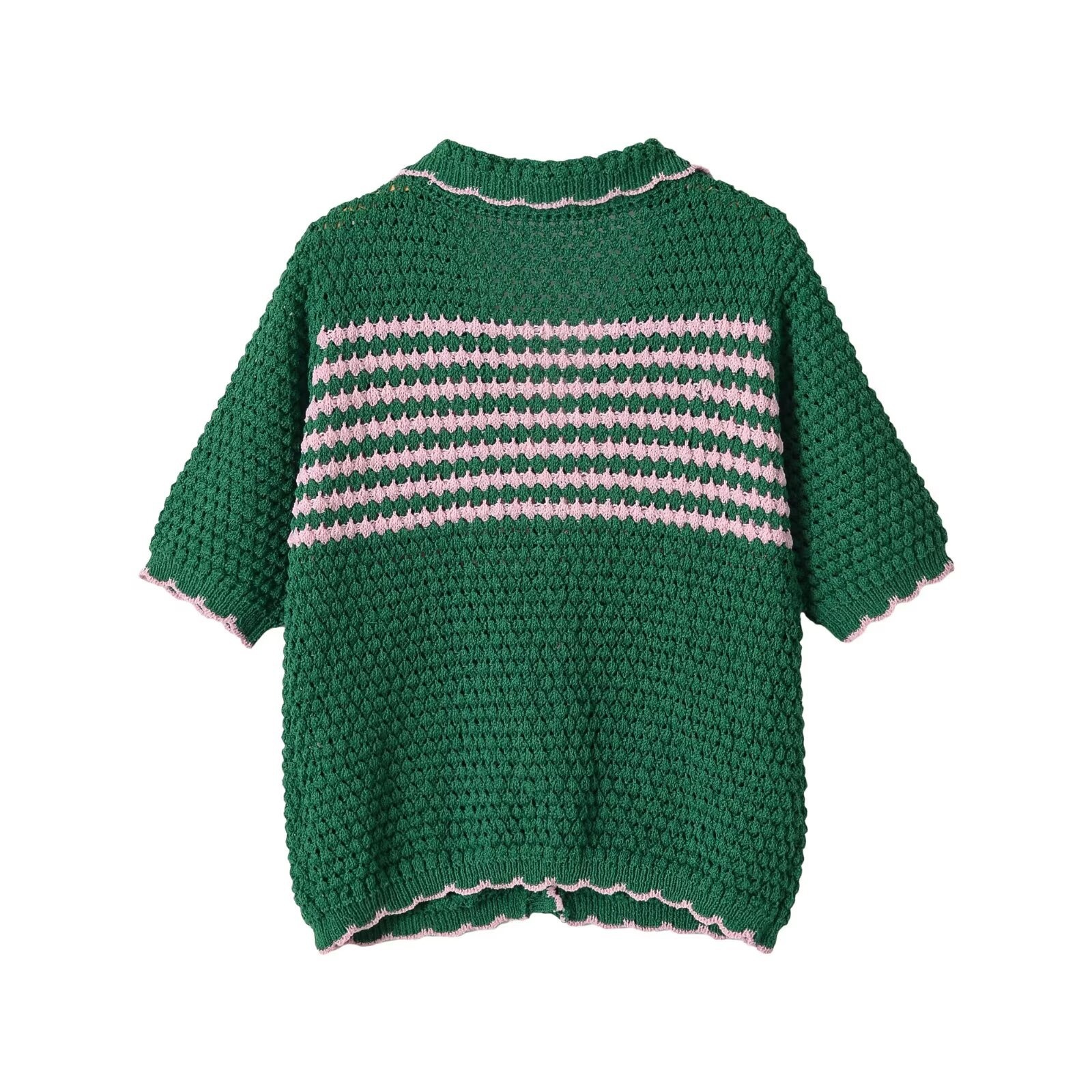 Cardigan da donna a righe verdi e rosa lavorato a maglia