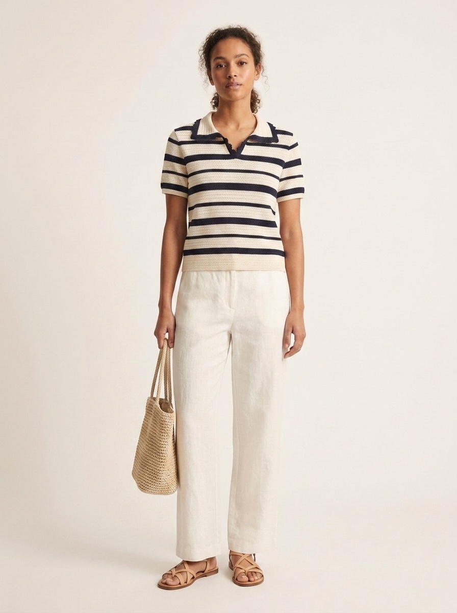 Polo da donna a righe in maglia - Top corto a maniche corte