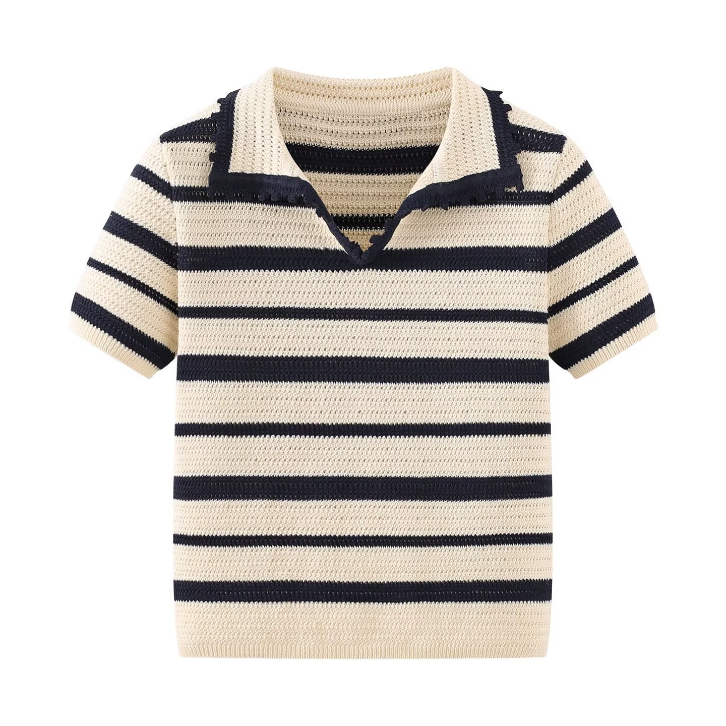 Polo da donna a righe in maglia - Top corto a maniche corte