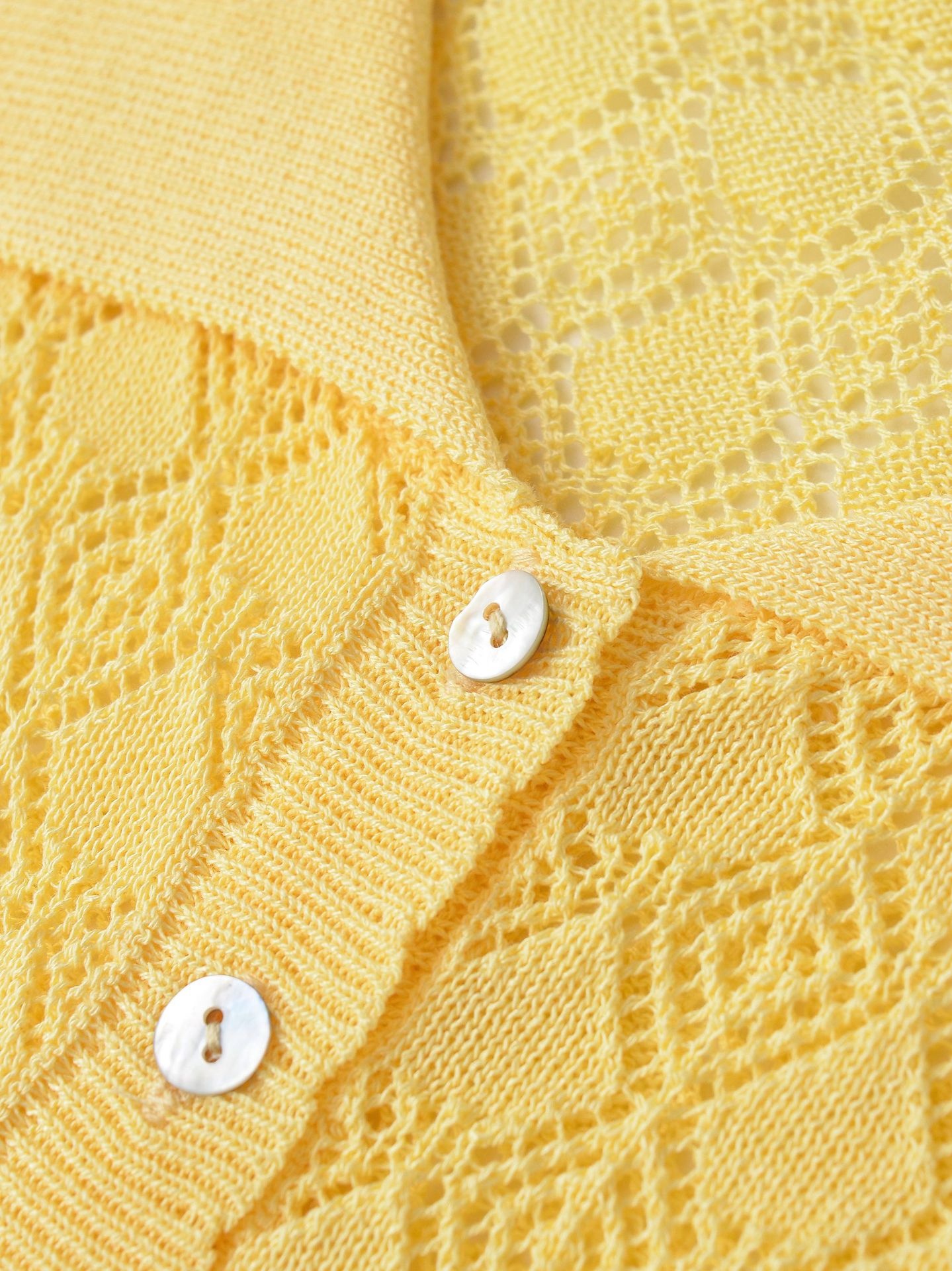 Cardigan polo da donna giallo a maglia aperta, maniche corte