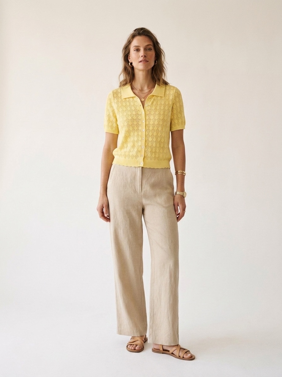 Cardigan polo da donna giallo a maglia aperta, maniche corte