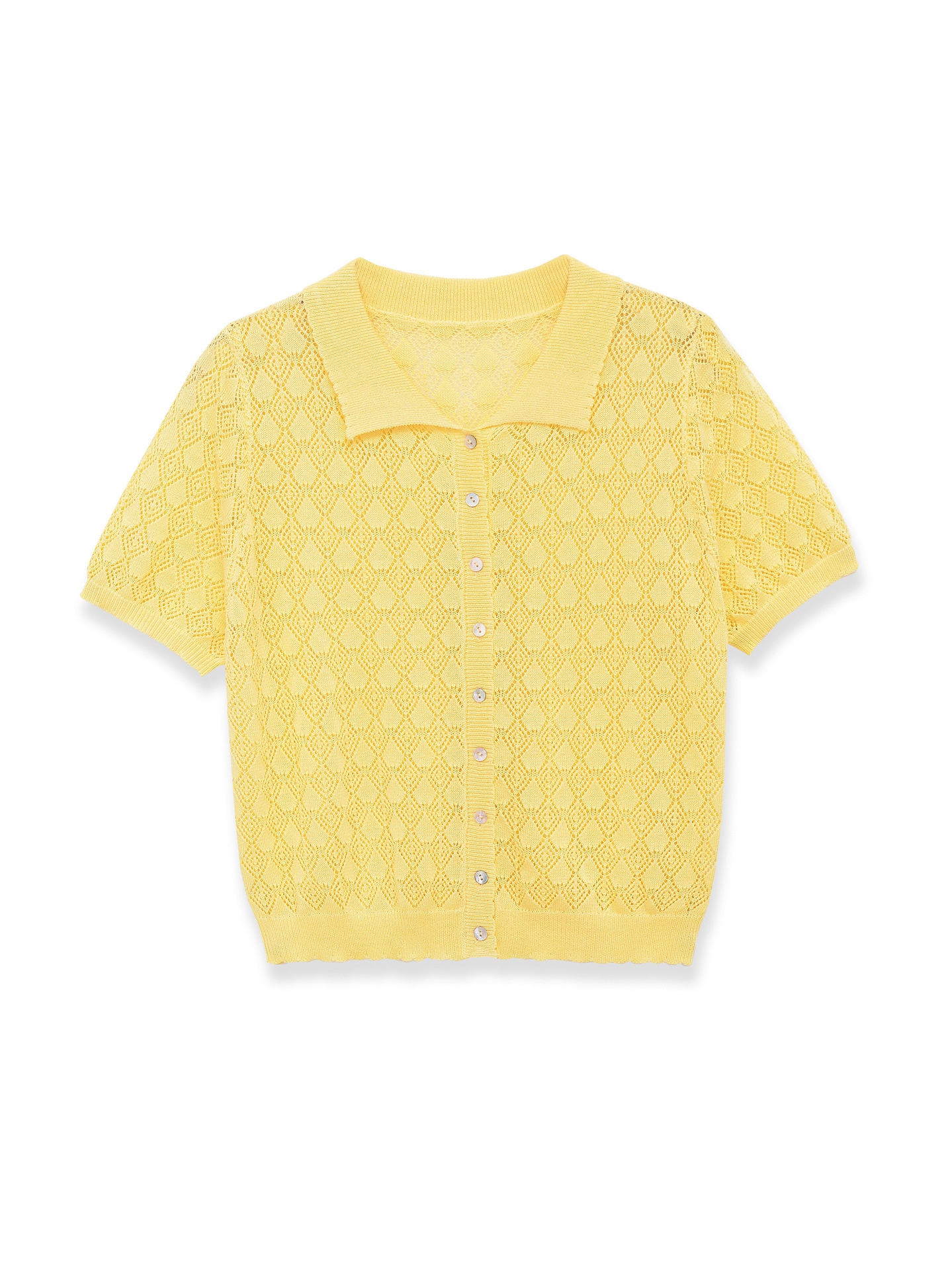 Cardigan polo da donna giallo a maglia aperta, maniche corte