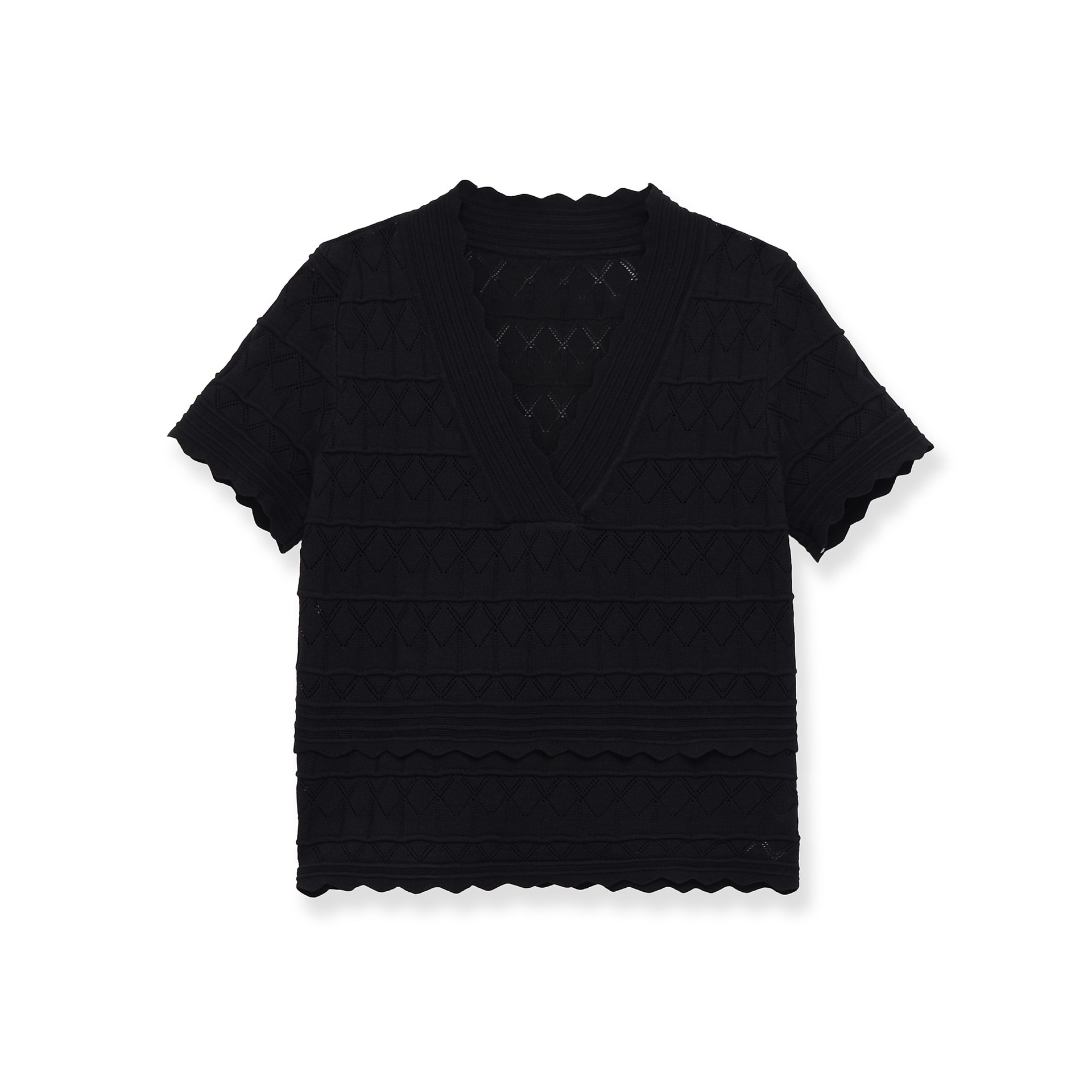 Elegante top a maniche corte con scollo a V e orlo smerlato, in maglia traforata.