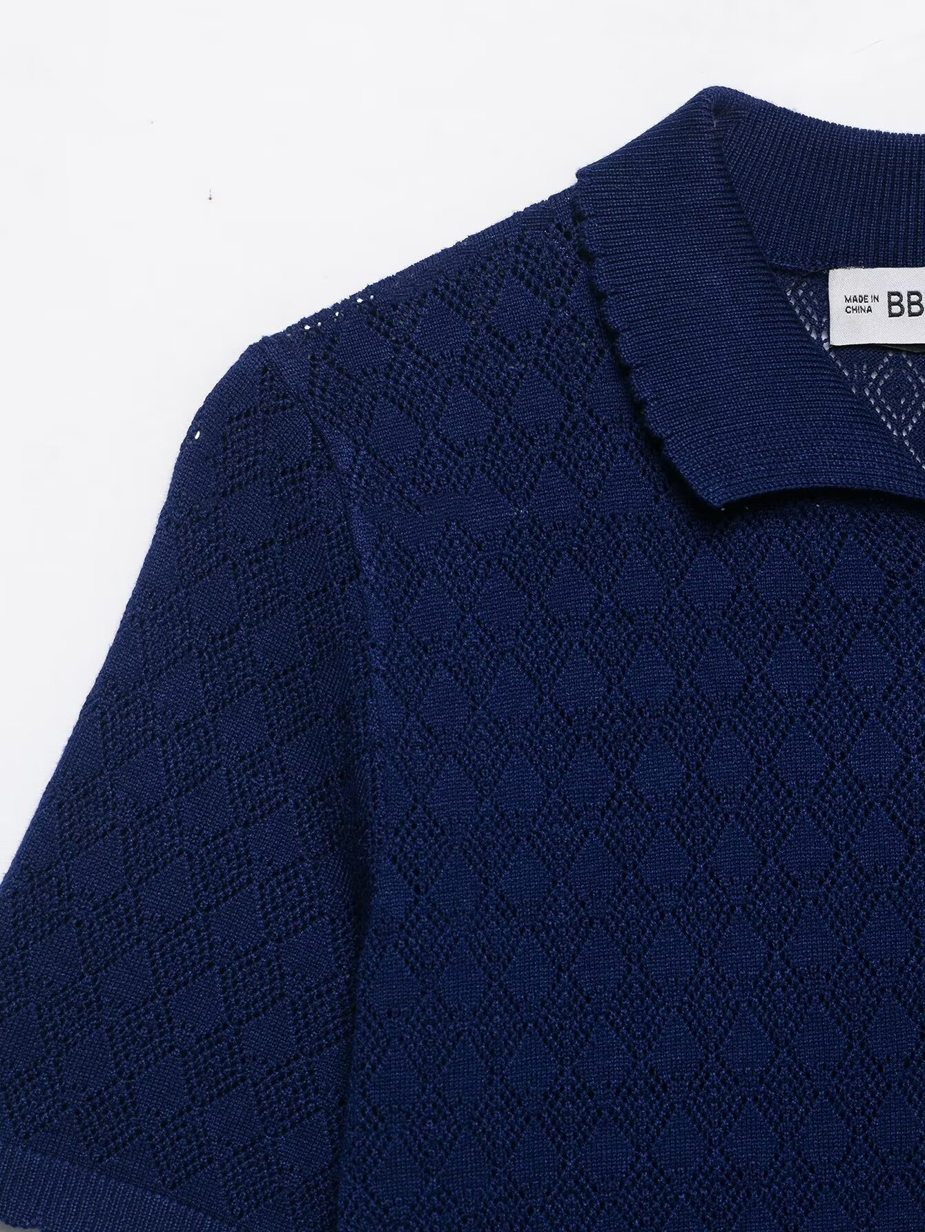 Cardigan polo da donna blu navy in maglia - Maniche corte con bottoni