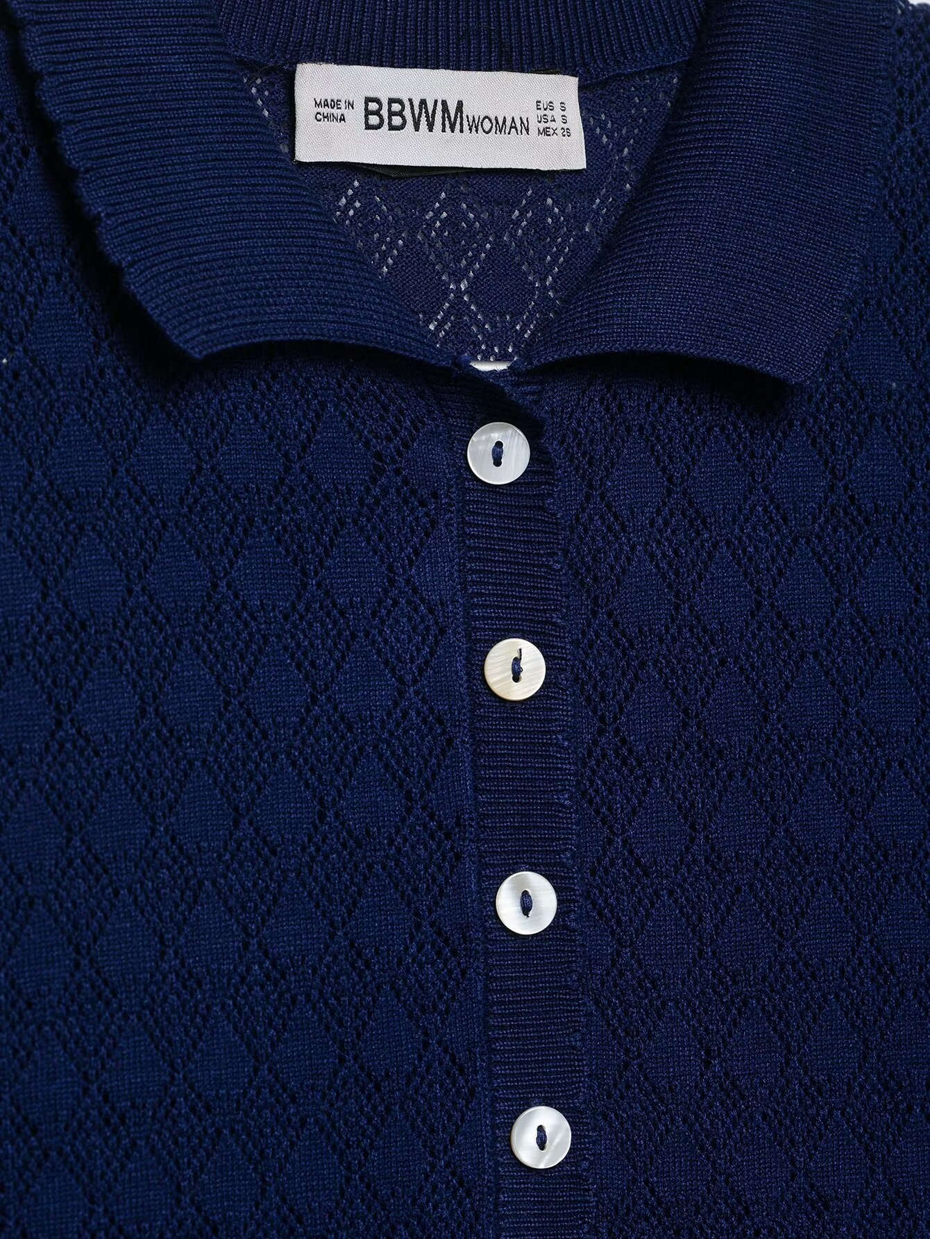 Cardigan polo da donna blu navy in maglia - Maniche corte con bottoni