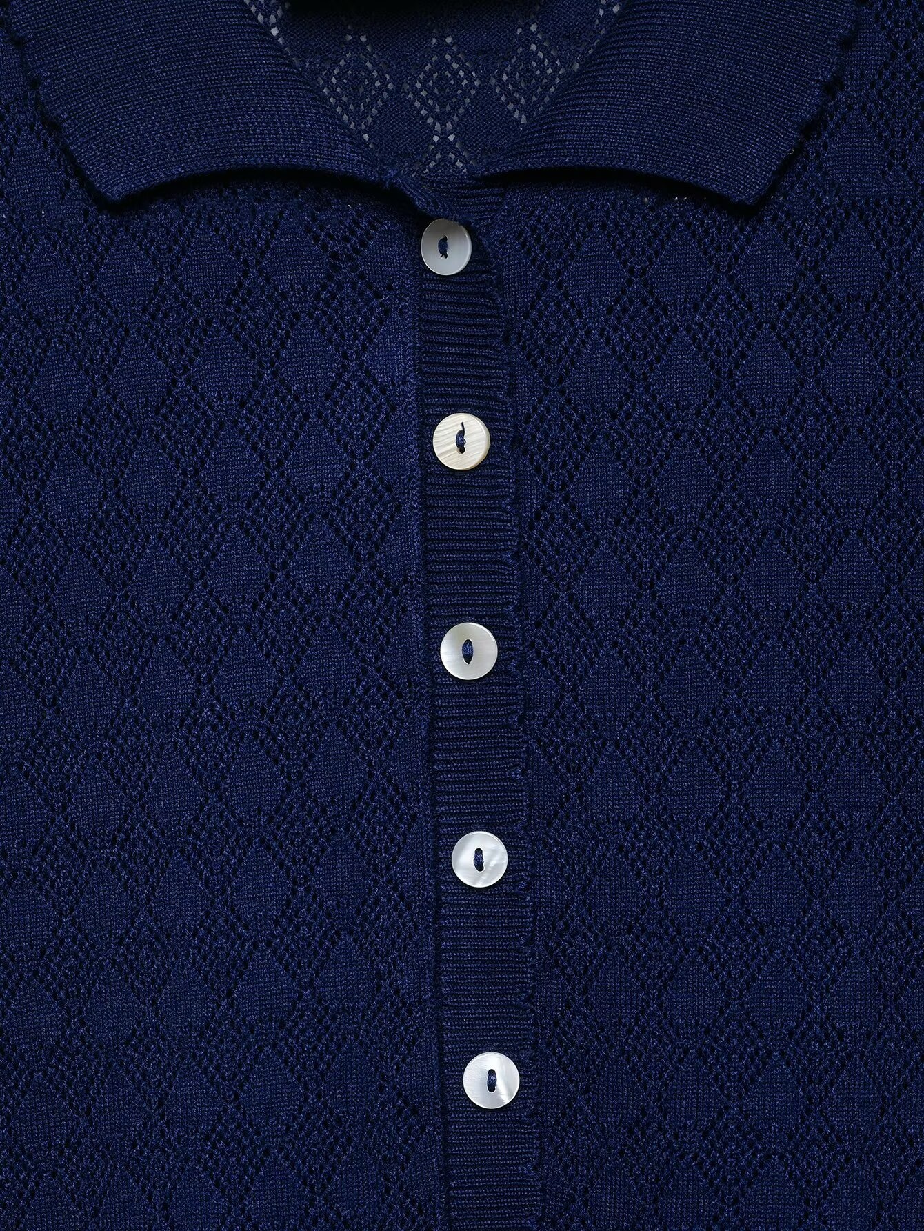 Cardigan polo da donna blu navy in maglia - Maniche corte con bottoni