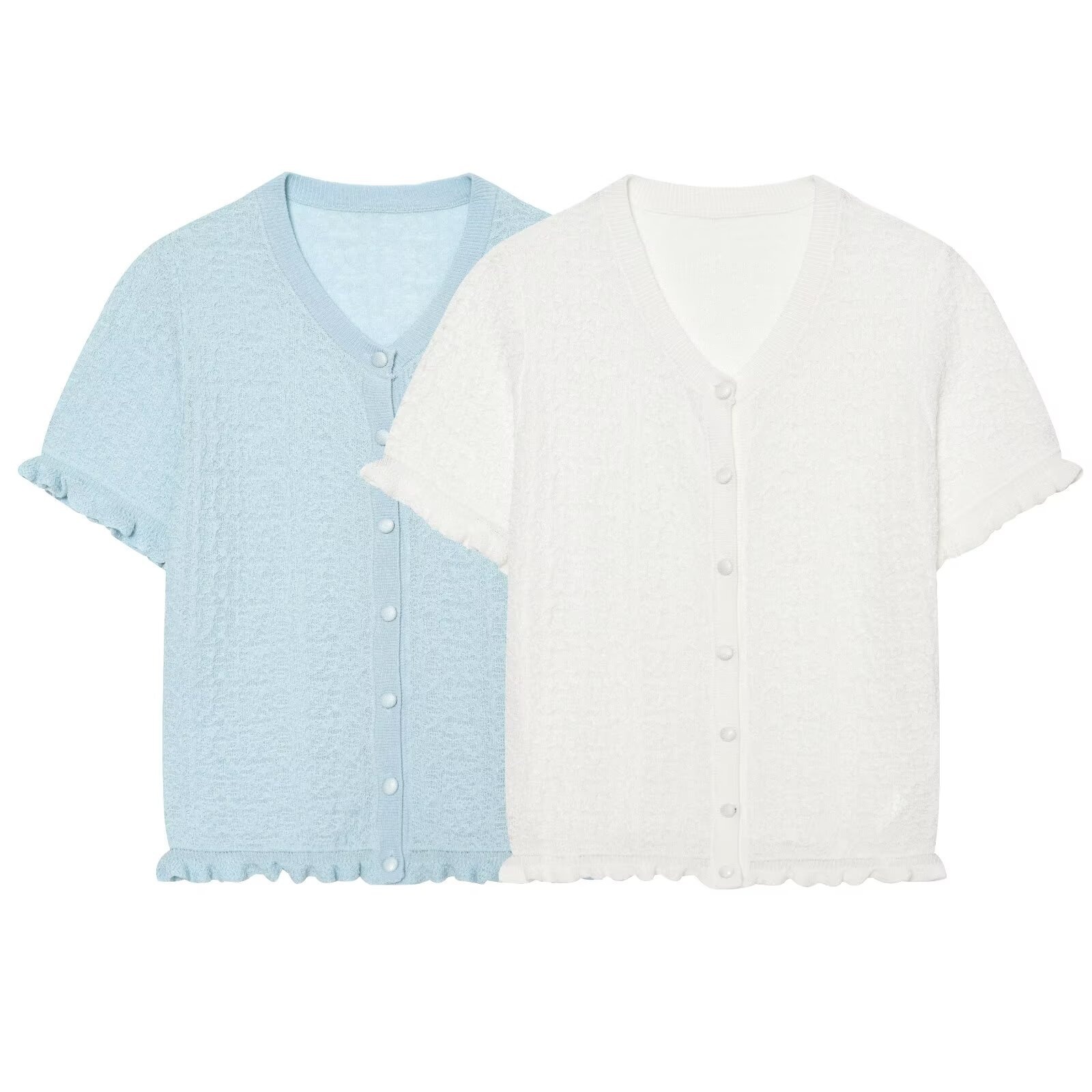 Cardigan chic a maniche corte con texture e volant.
