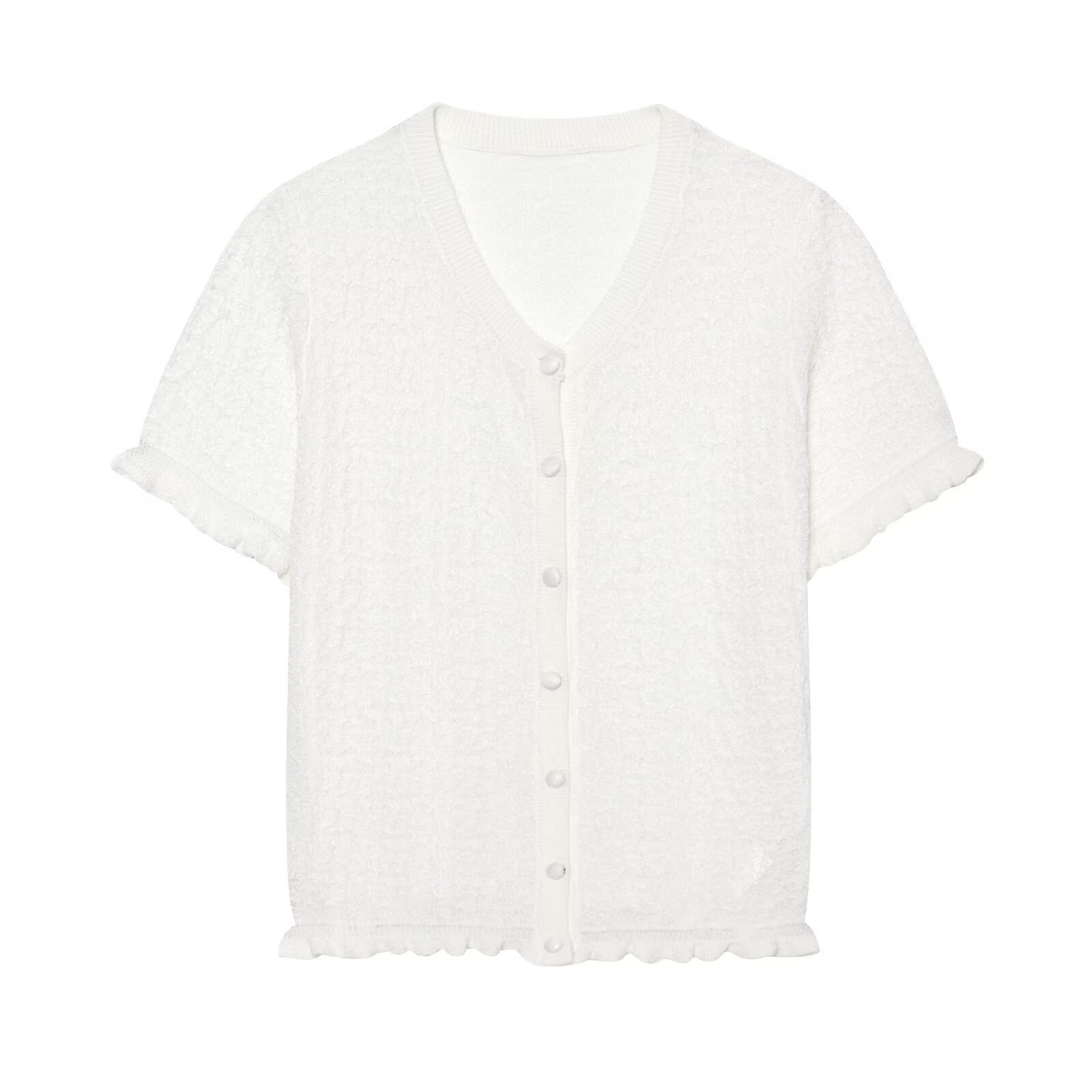 Cardigan chic a maniche corte con texture e volant.