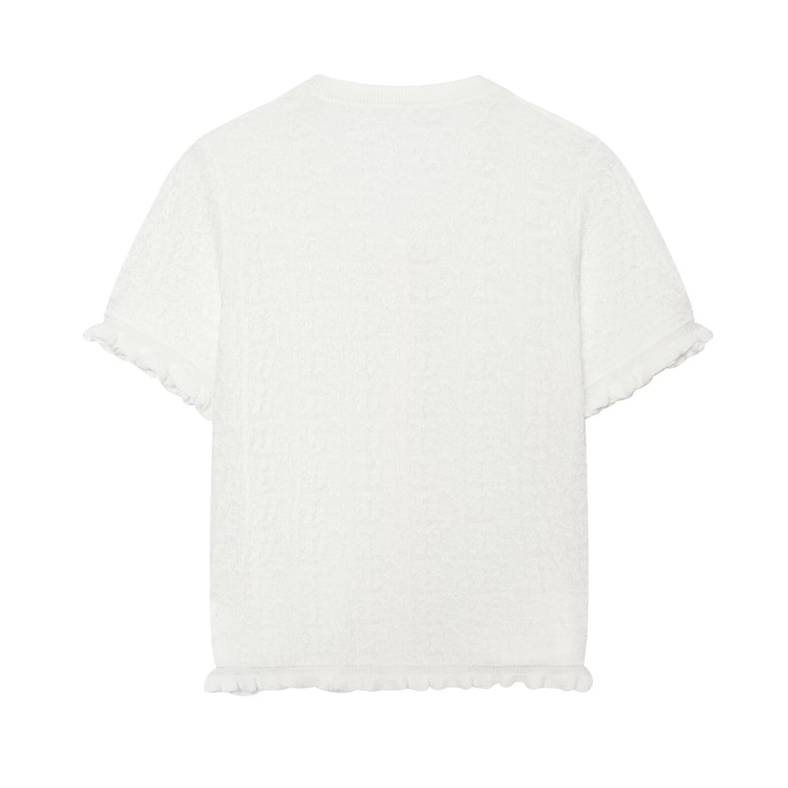 Cardigan chic a maniche corte con texture e volant.