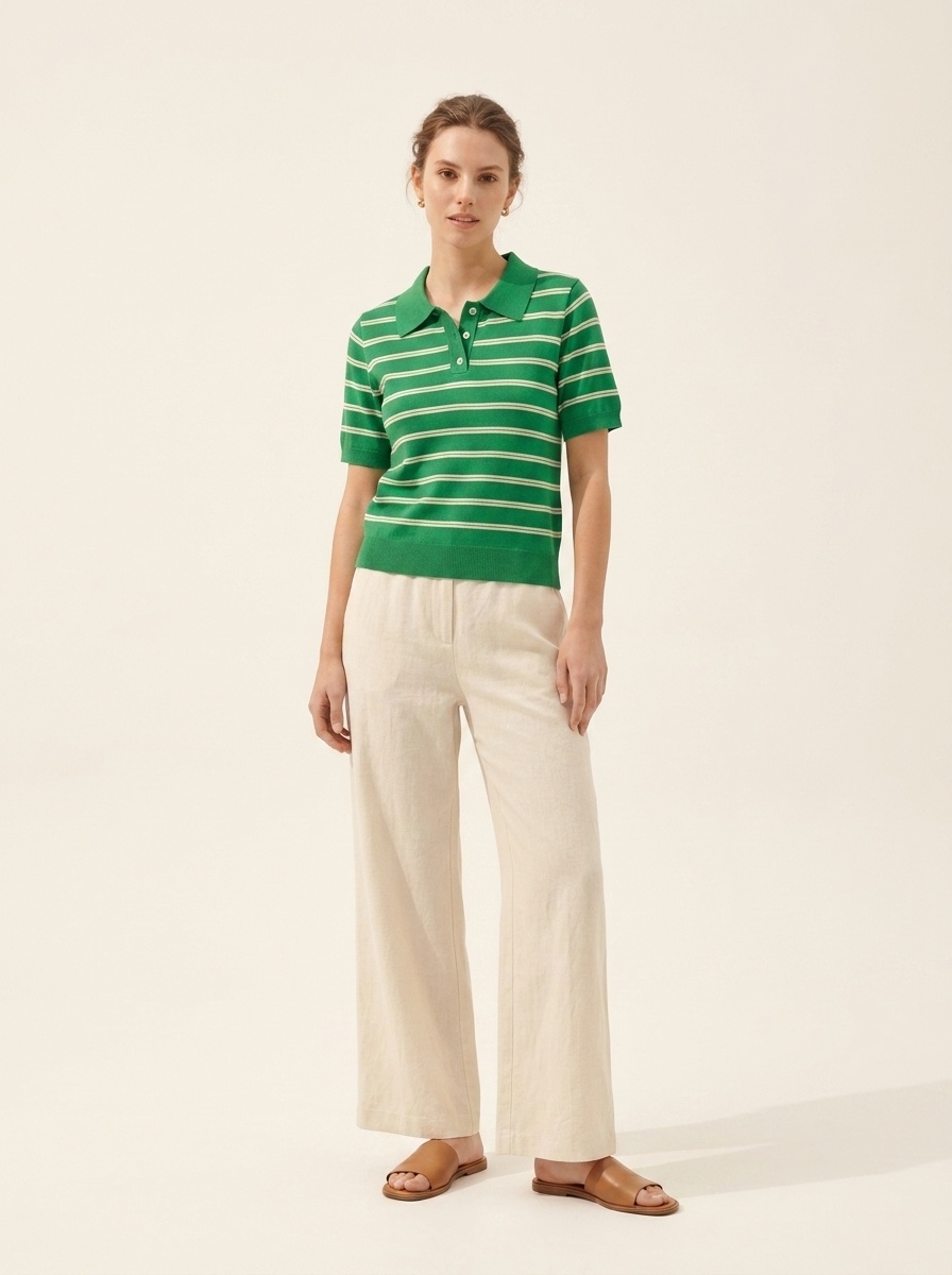 Polo da donna a righe in maglia - Top casual a maniche corte