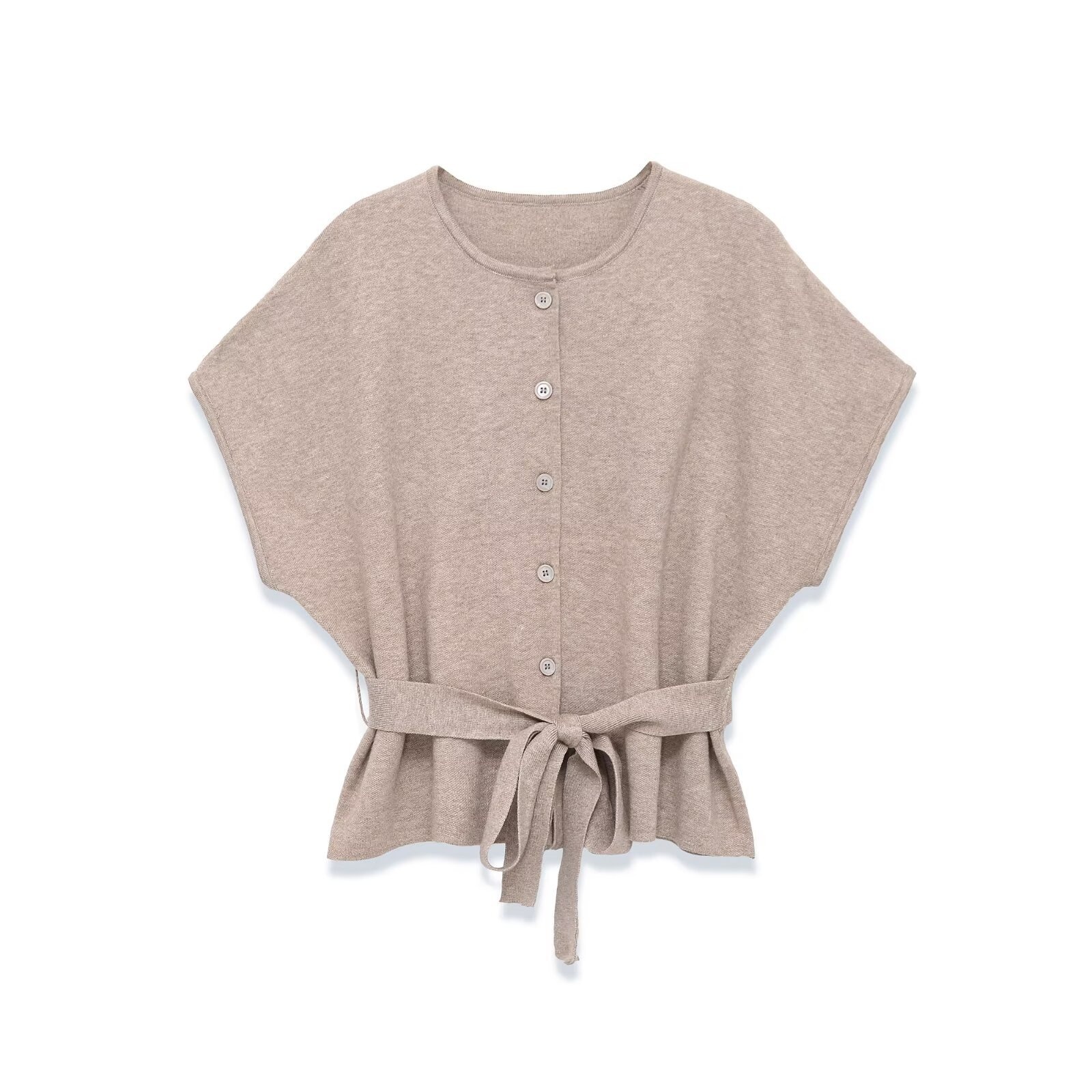 Cardigan beige in maglia con cintura in vita - Maglione a maniche corte