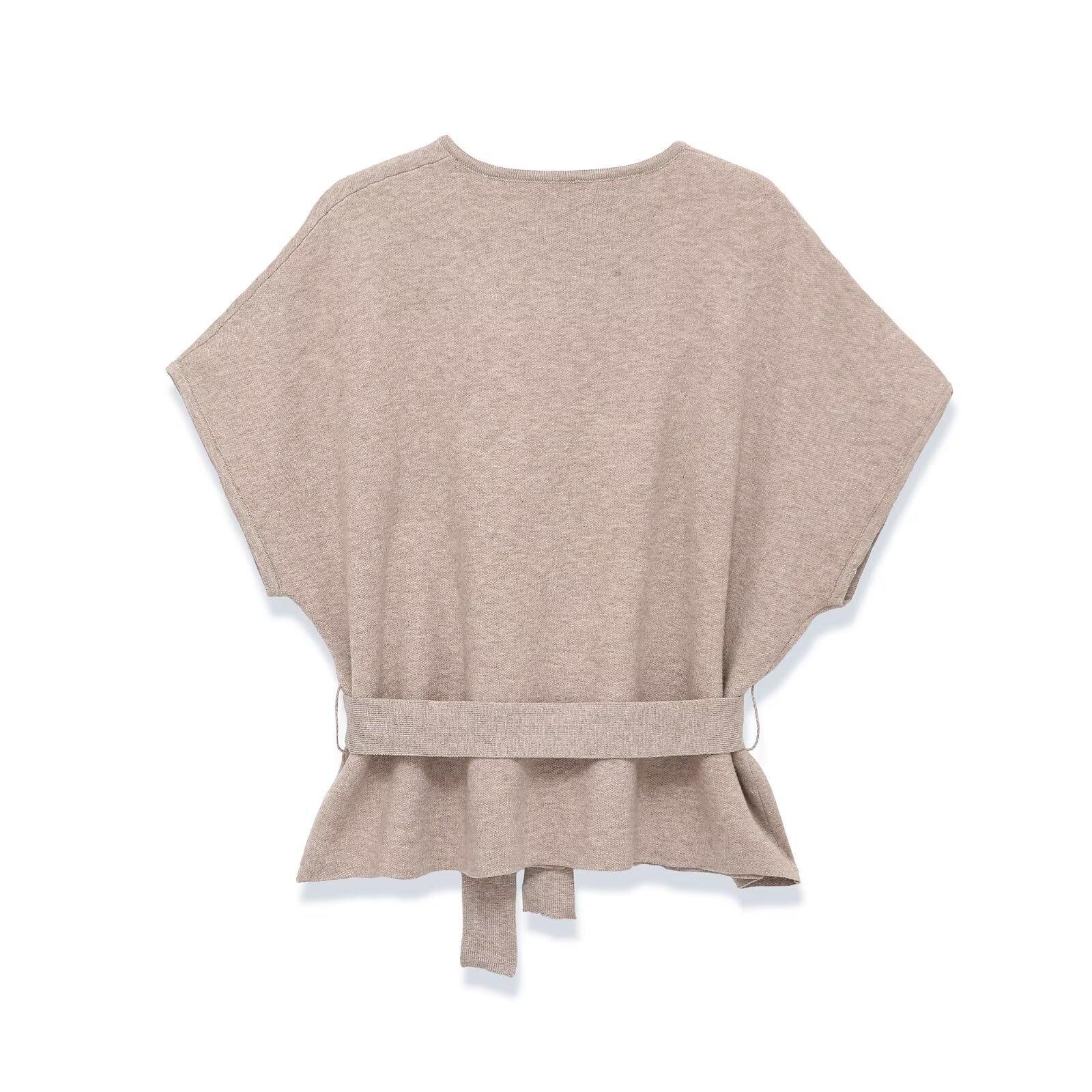 Cardigan beige in maglia con cintura in vita - Maglione a maniche corte