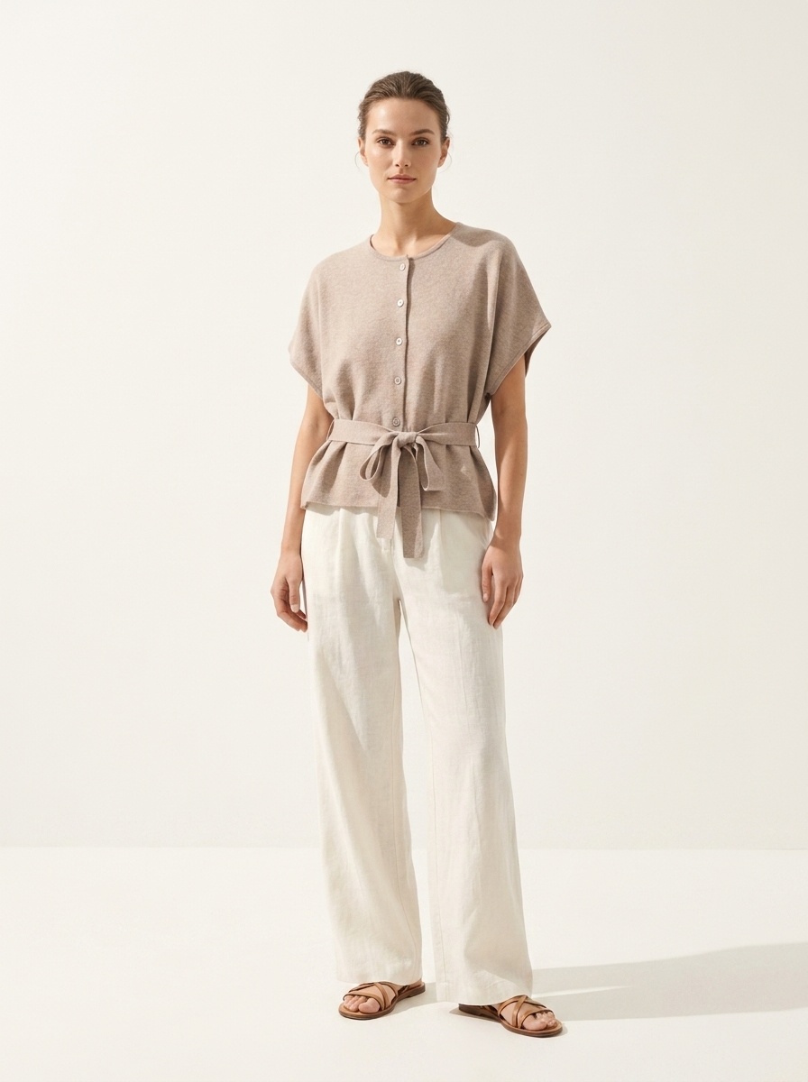 Cardigan beige in maglia con cintura in vita - Maglione a maniche corte