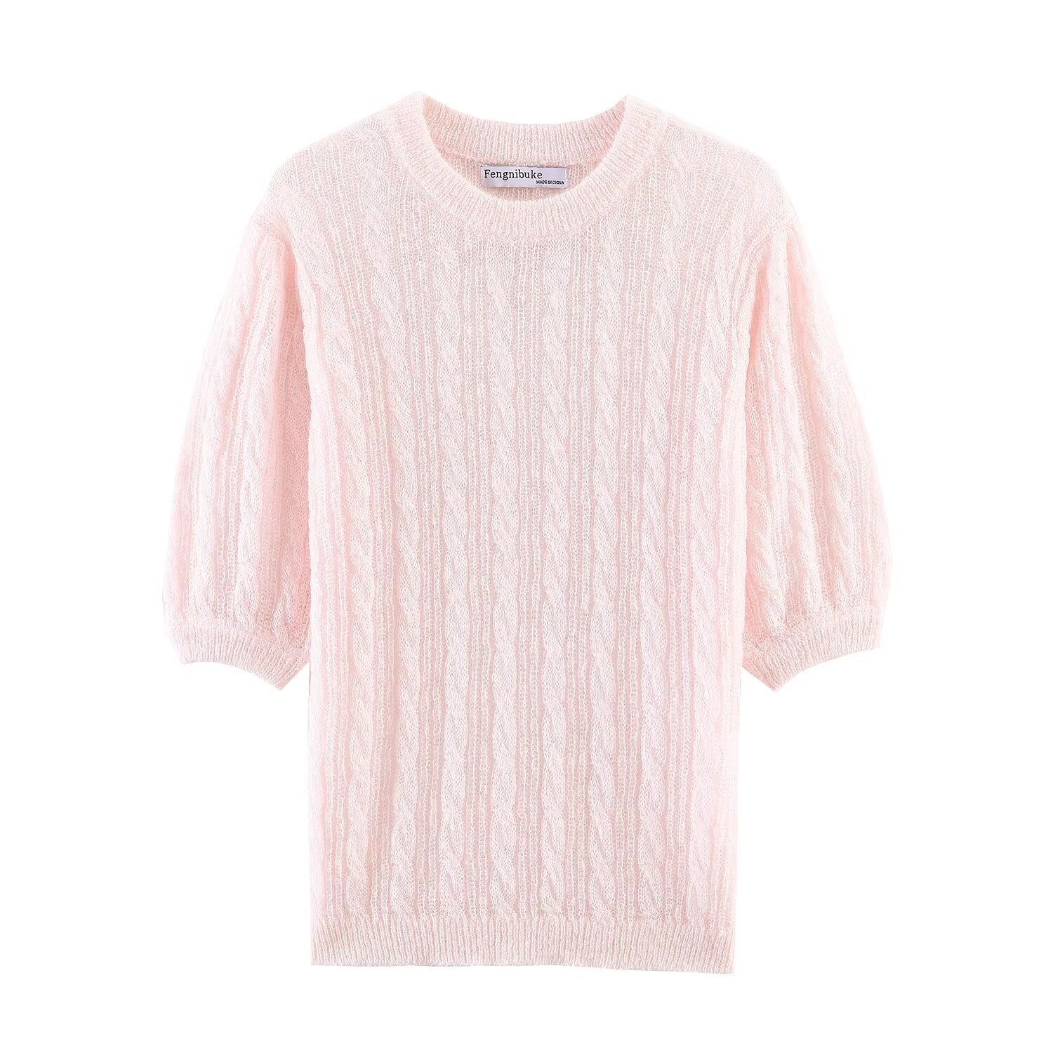Elegante top rosa chiaro in maglia a trecce con maniche a sbuffo trasparenti.