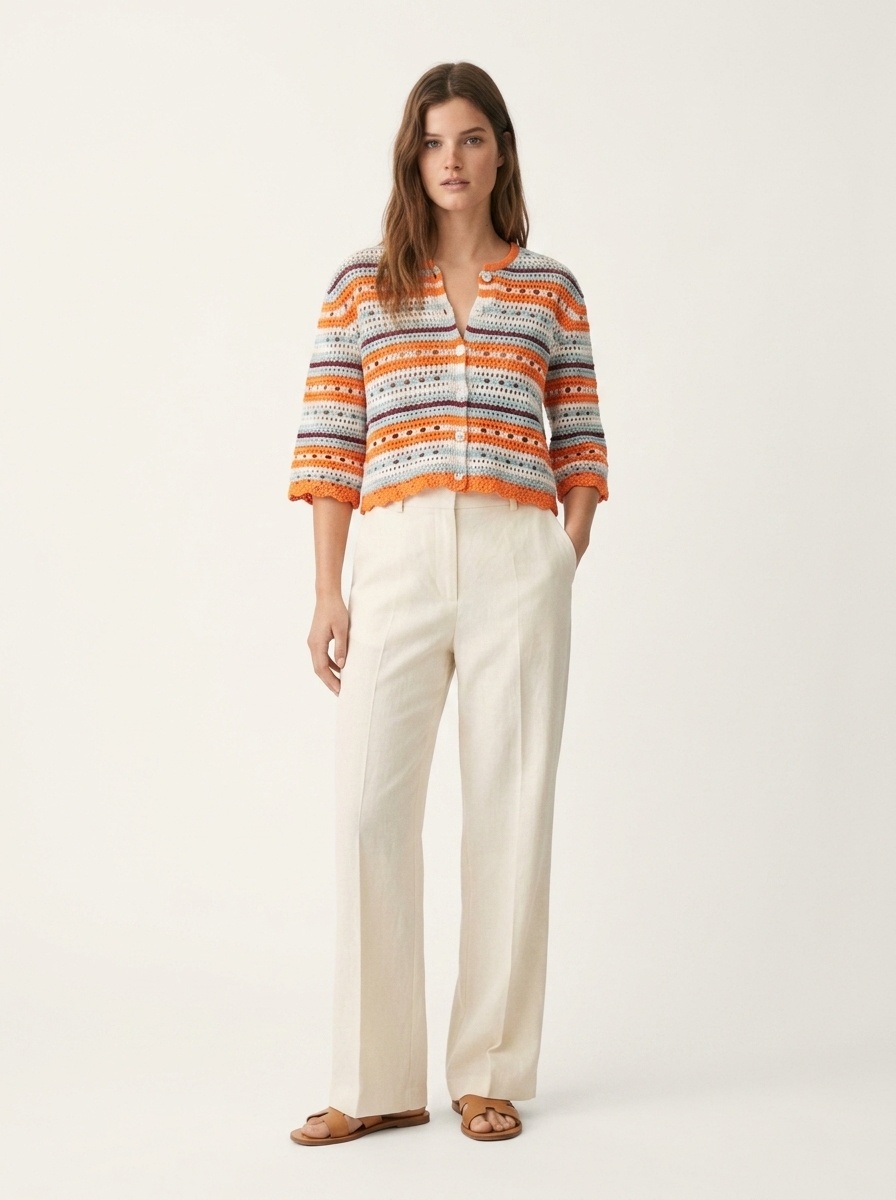 Cardigan a righe all'uncinetto - Maglione a maglia aperta con abbottonatura frontale