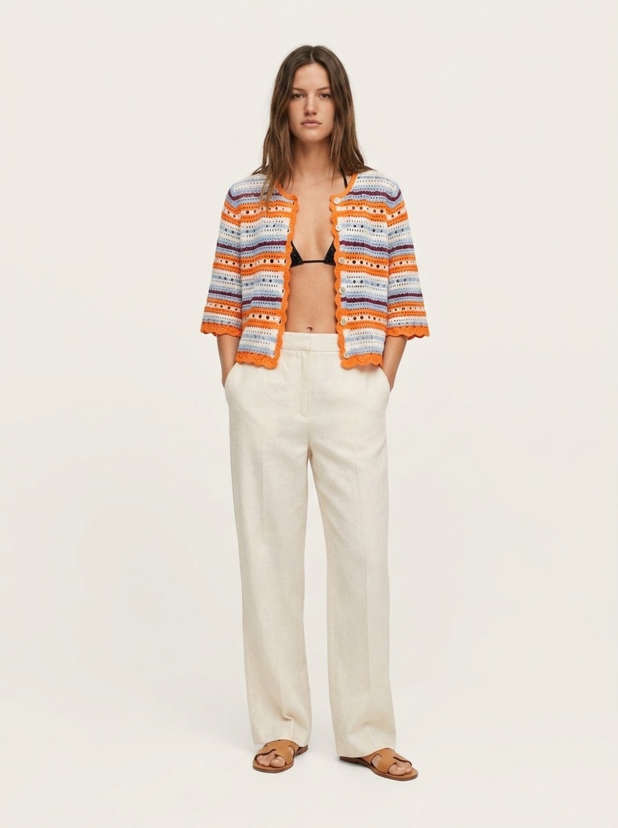 Cardigan a righe all'uncinetto - Maglione a maglia aperta con abbottonatura frontale