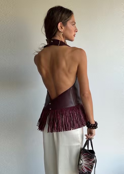 Top all'americana con frange in similpelle - Gilet senza maniche