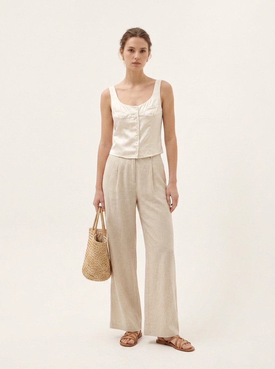 Elegante top a corsetto in raso con bottoni sul davanti - Camicetta chic senza maniche