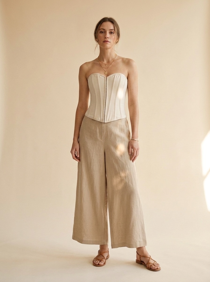 Elegante top a corsetto senza spalline con stecche, color beige.