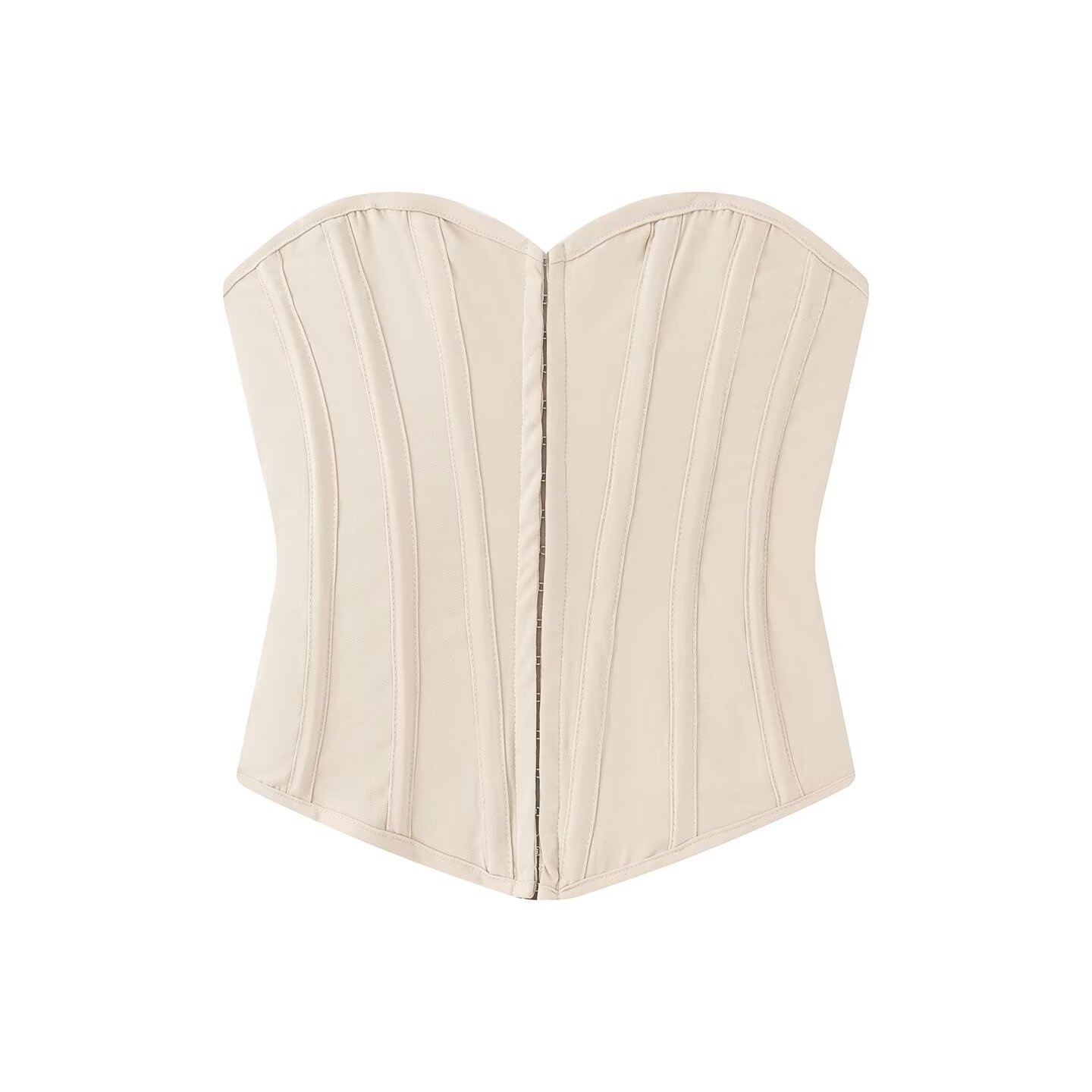 Elegante top a corsetto senza spalline con stecche, color beige.