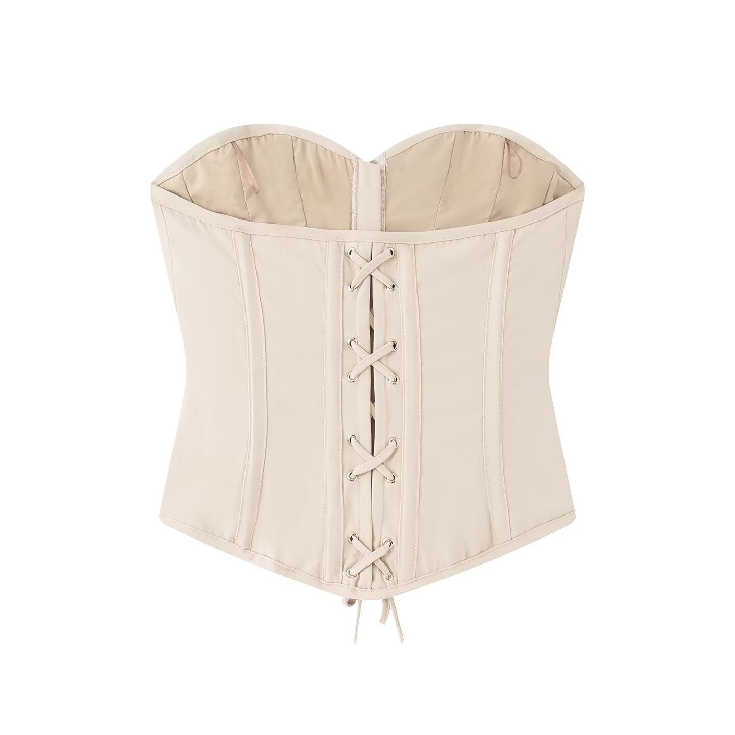 Elegante top a corsetto senza spalline con stecche, color beige.