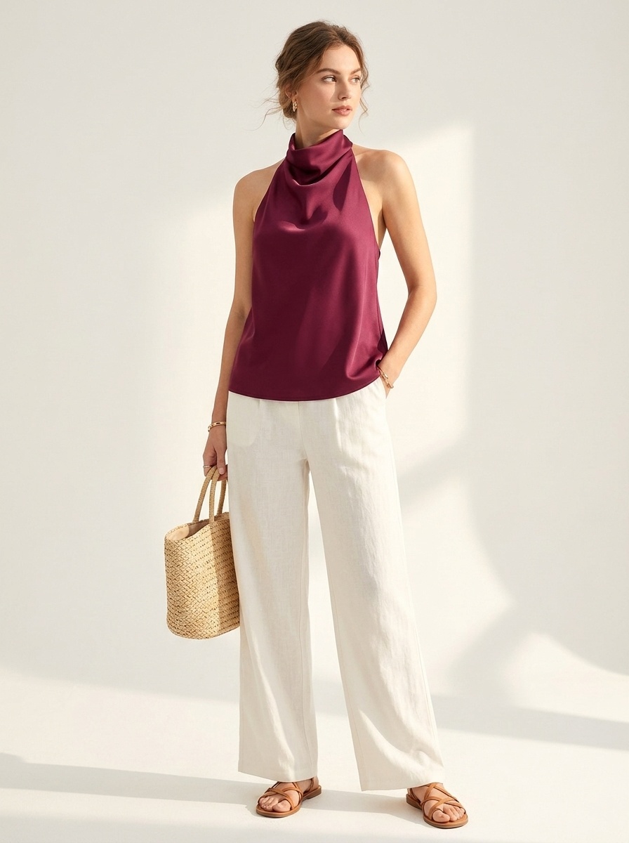 Elegante top da donna in raso con scollo all'americana e drappeggio a cascata.