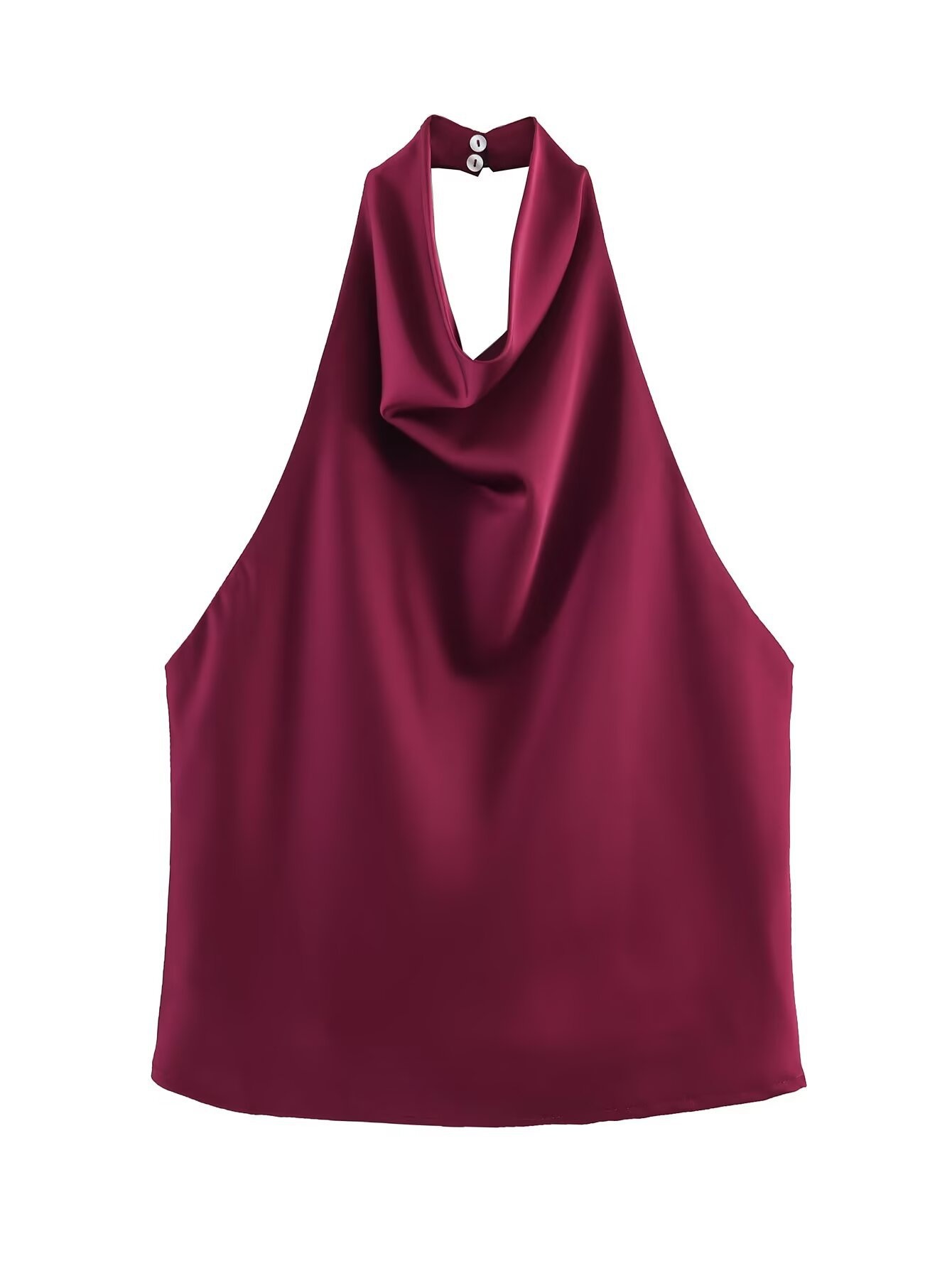 Elegante top da donna in raso con scollo all'americana e drappeggio a cascata.
