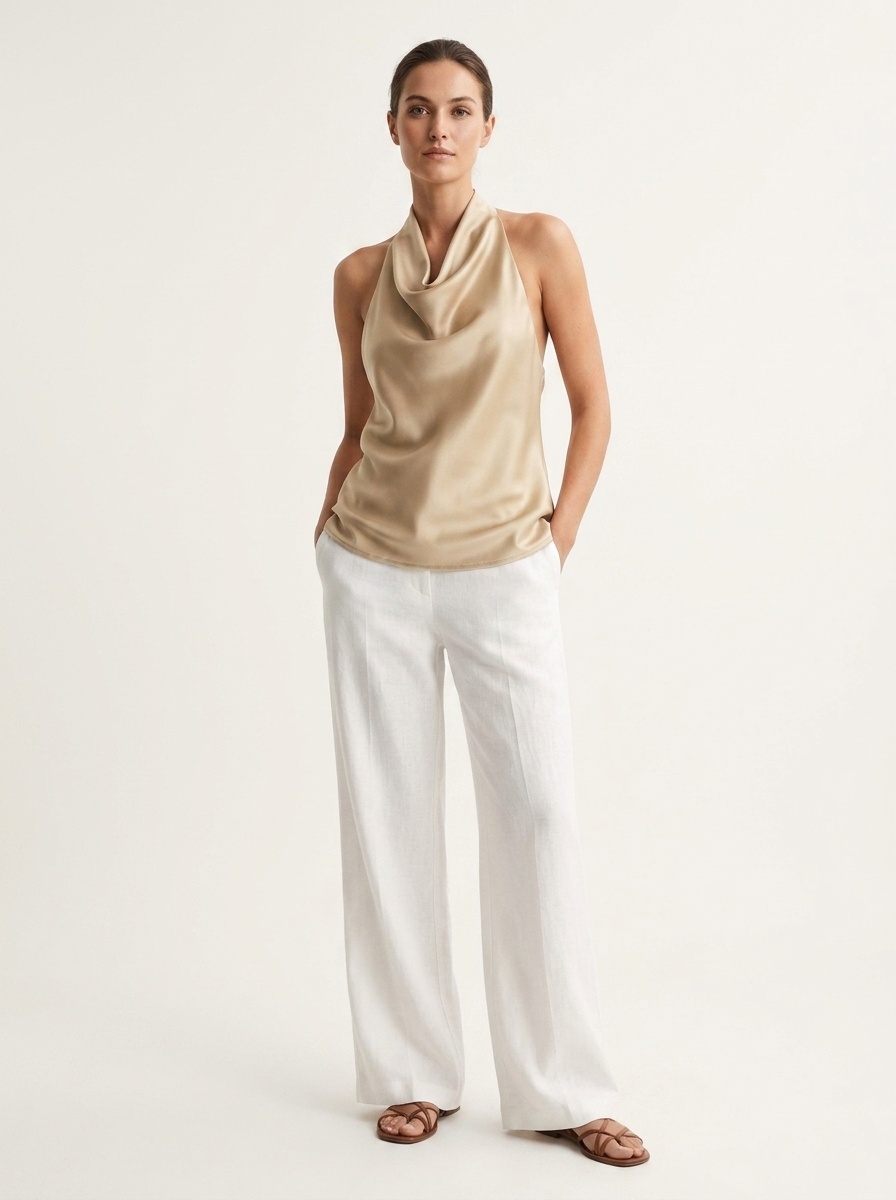 Elegante top da donna in raso con scollo all'americana e drappeggio a cascata.