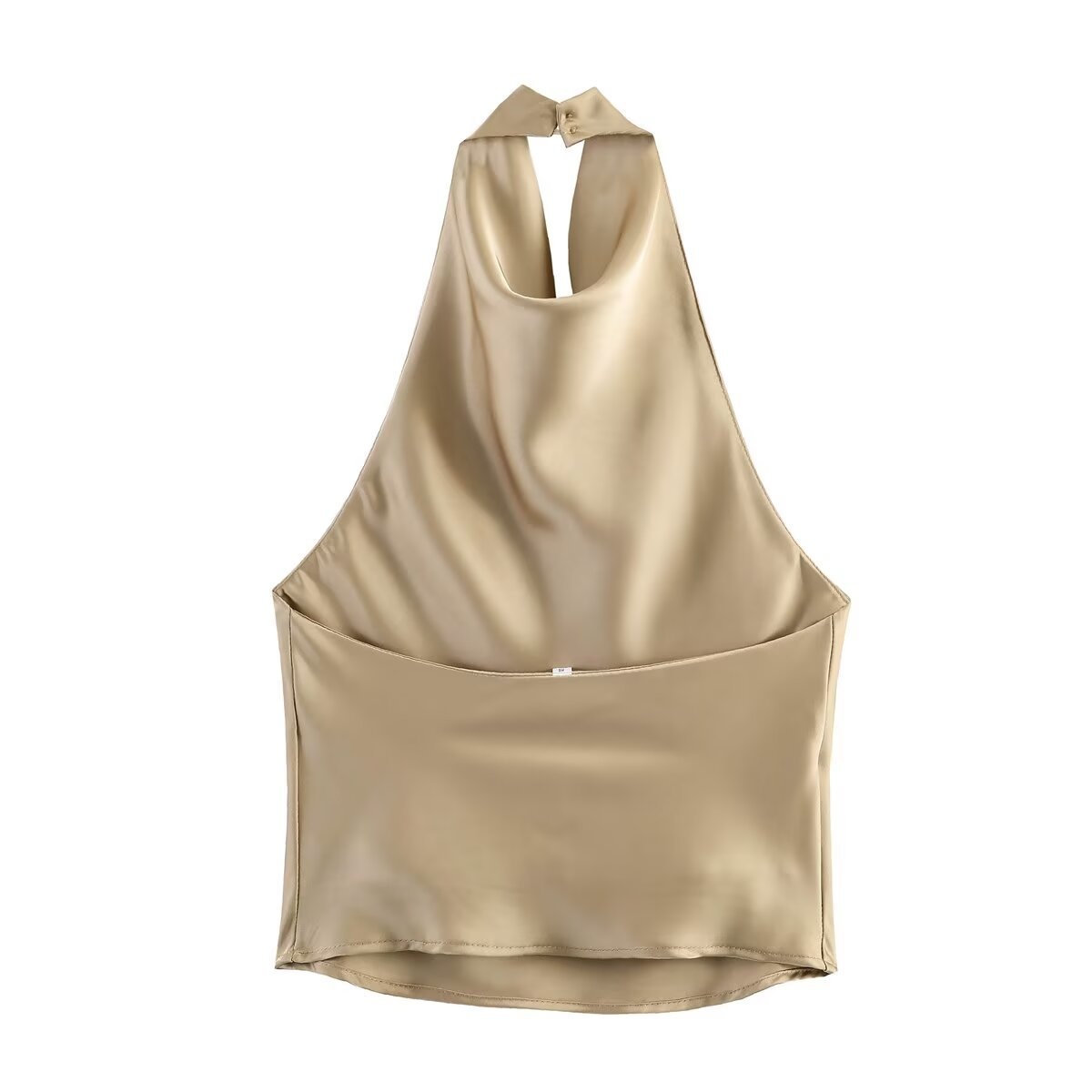 Elegante top da donna in raso con scollo all'americana e drappeggio a cascata.