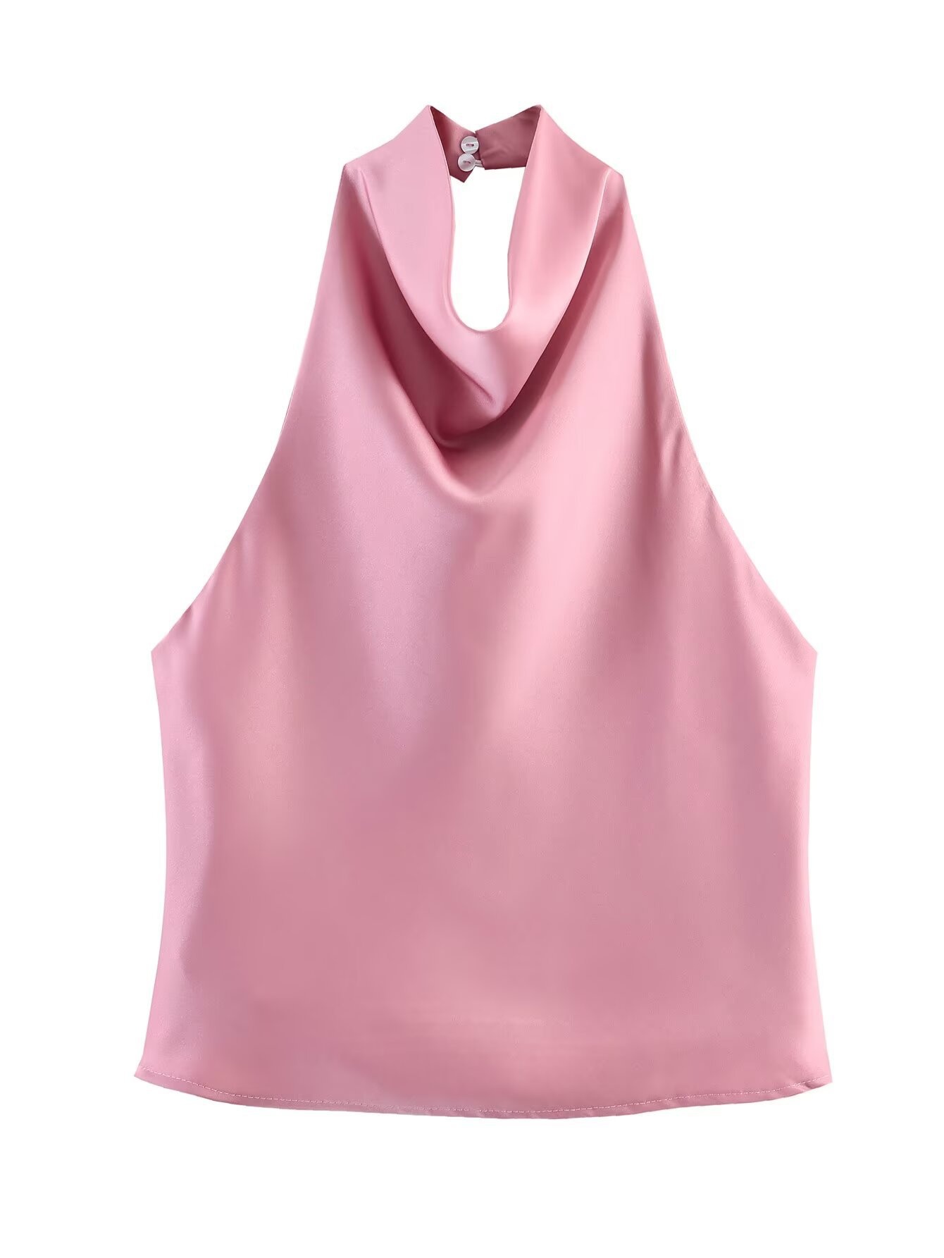 Elegante top da donna in raso con scollo all'americana e drappeggio a cascata.