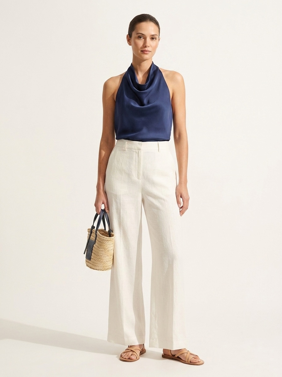 Elegante top da donna in raso con scollo all'americana e drappeggio a cascata.