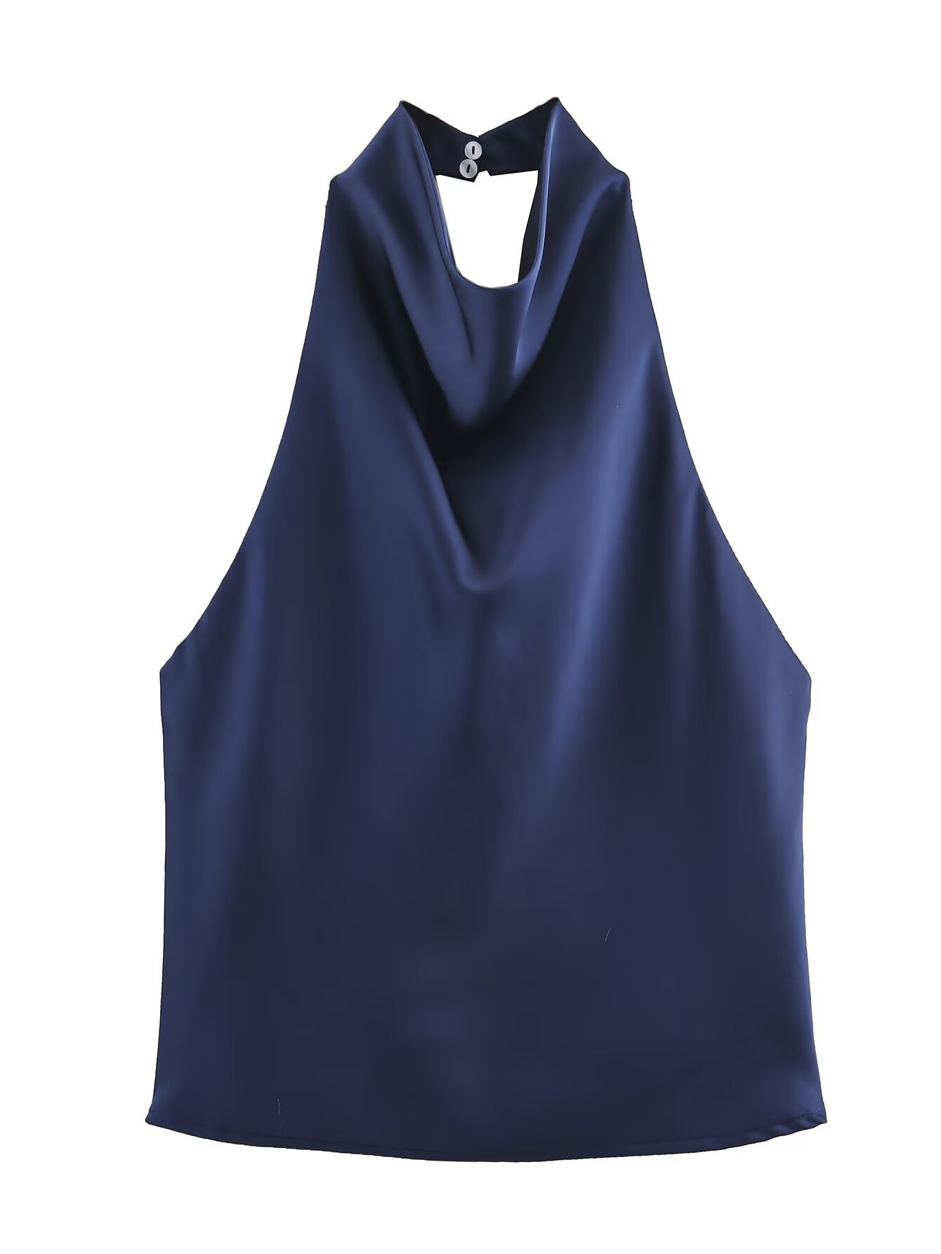 Elegante top da donna in raso con scollo all'americana e drappeggio a cascata.