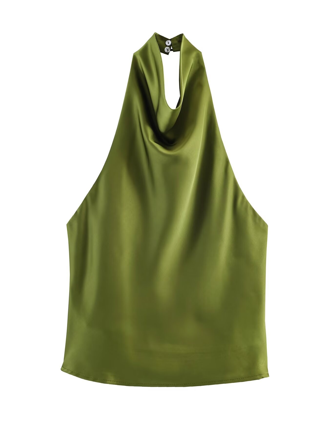 Elegante top da donna in raso con scollo all'americana e drappeggio a cascata.