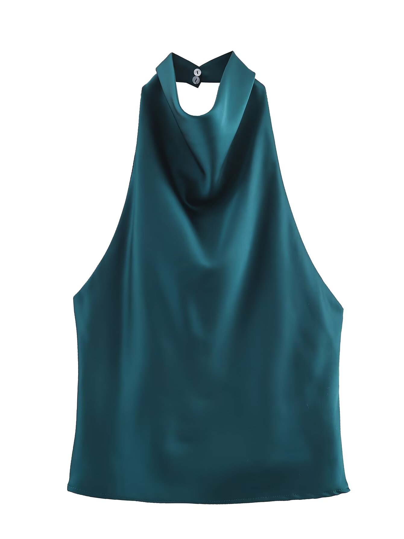 Elegante top da donna in raso con scollo all'americana e drappeggio a cascata.