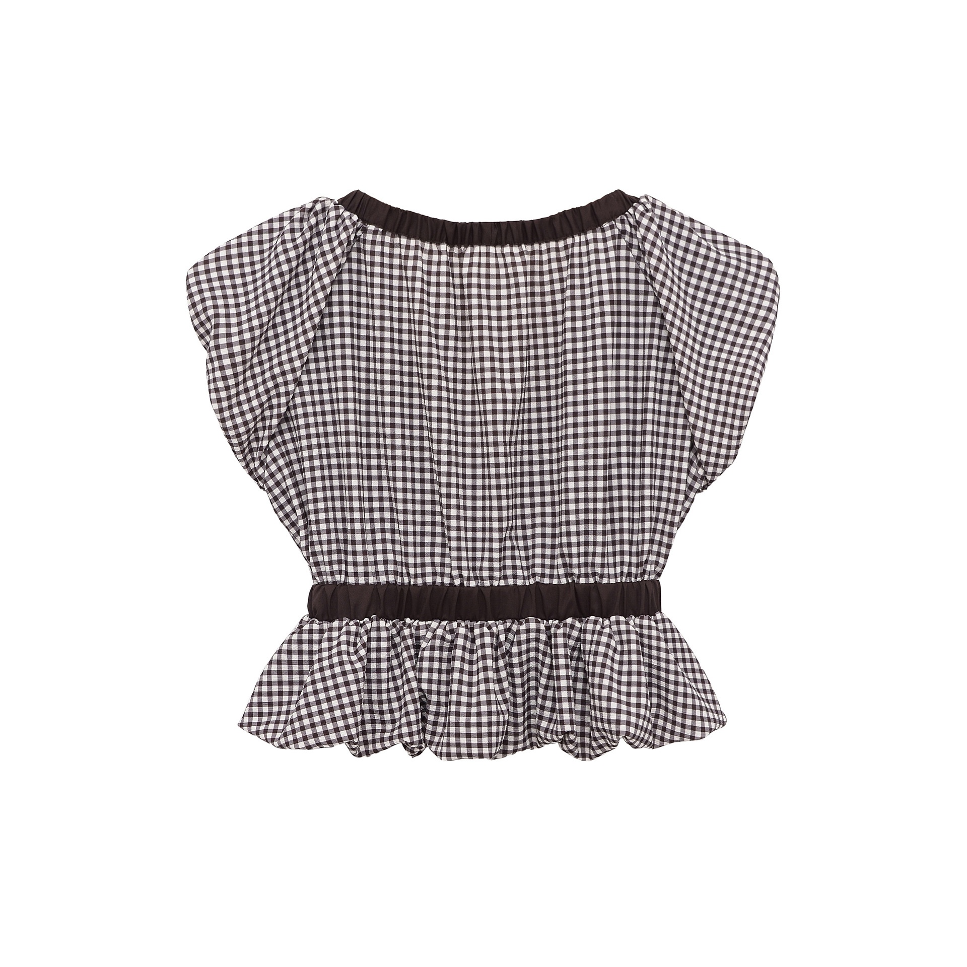 Elegante camicetta peplum a quadretti vichy con fiocco e maniche a sbuffo.