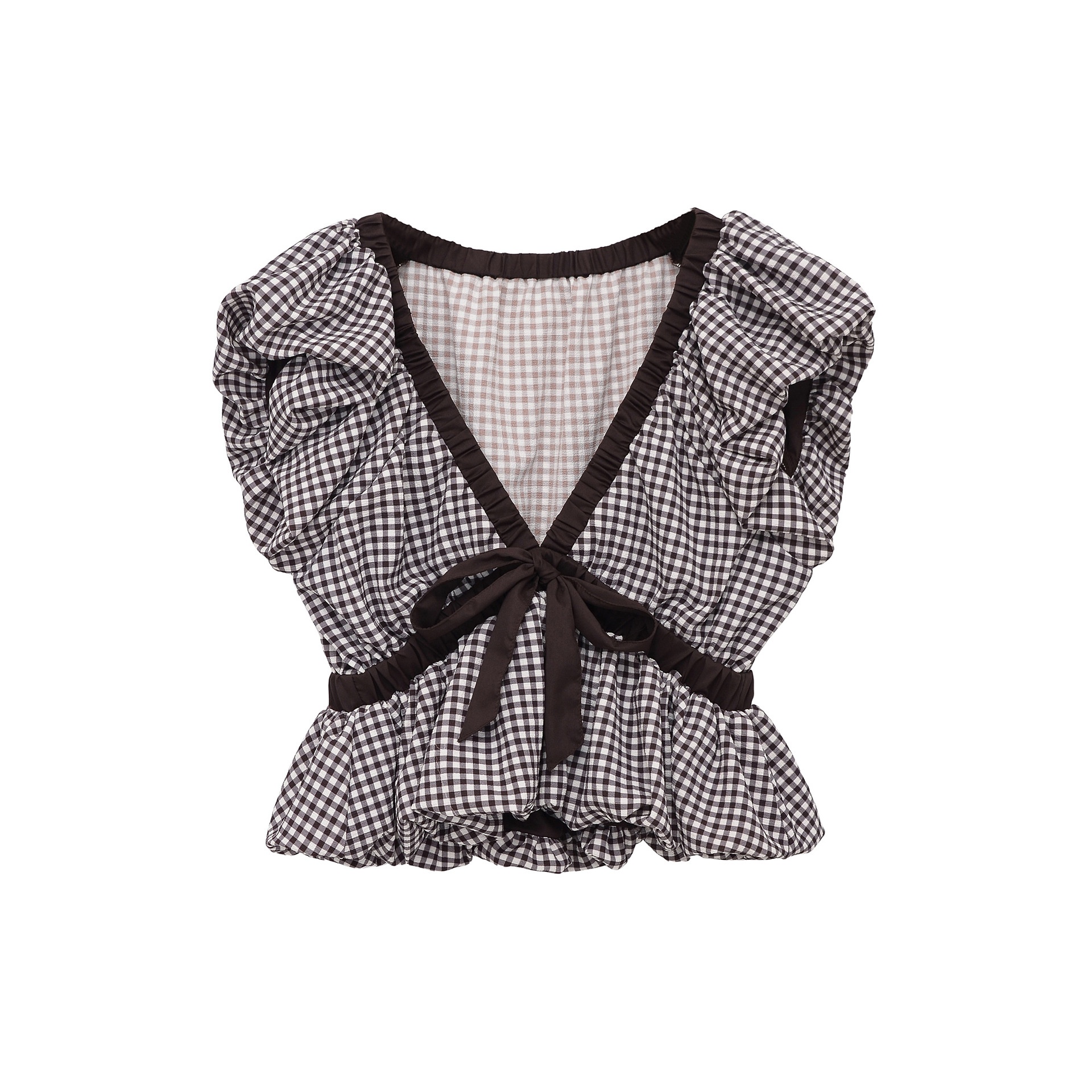 Elegante camicetta peplum a quadretti vichy con fiocco e maniche a sbuffo.