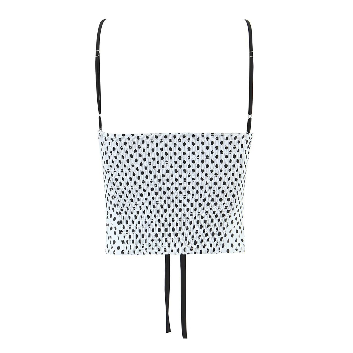 Elegante top a canotta con laccetti sul davanti a pois e quadretti.