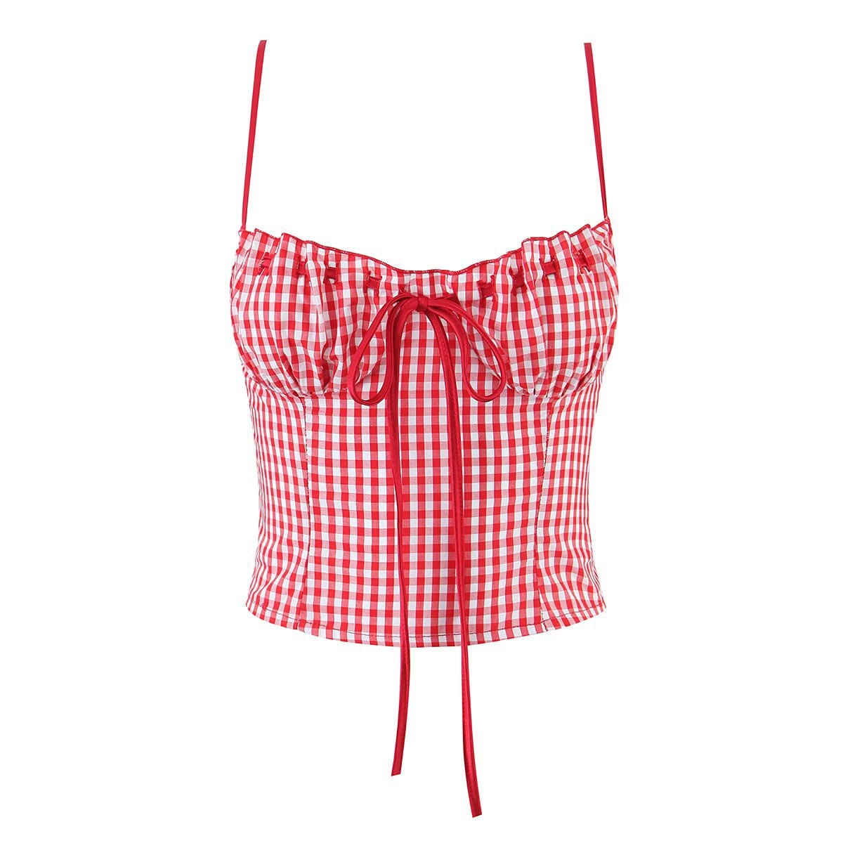 Elegante top a canotta con laccetti sul davanti a pois e quadretti.